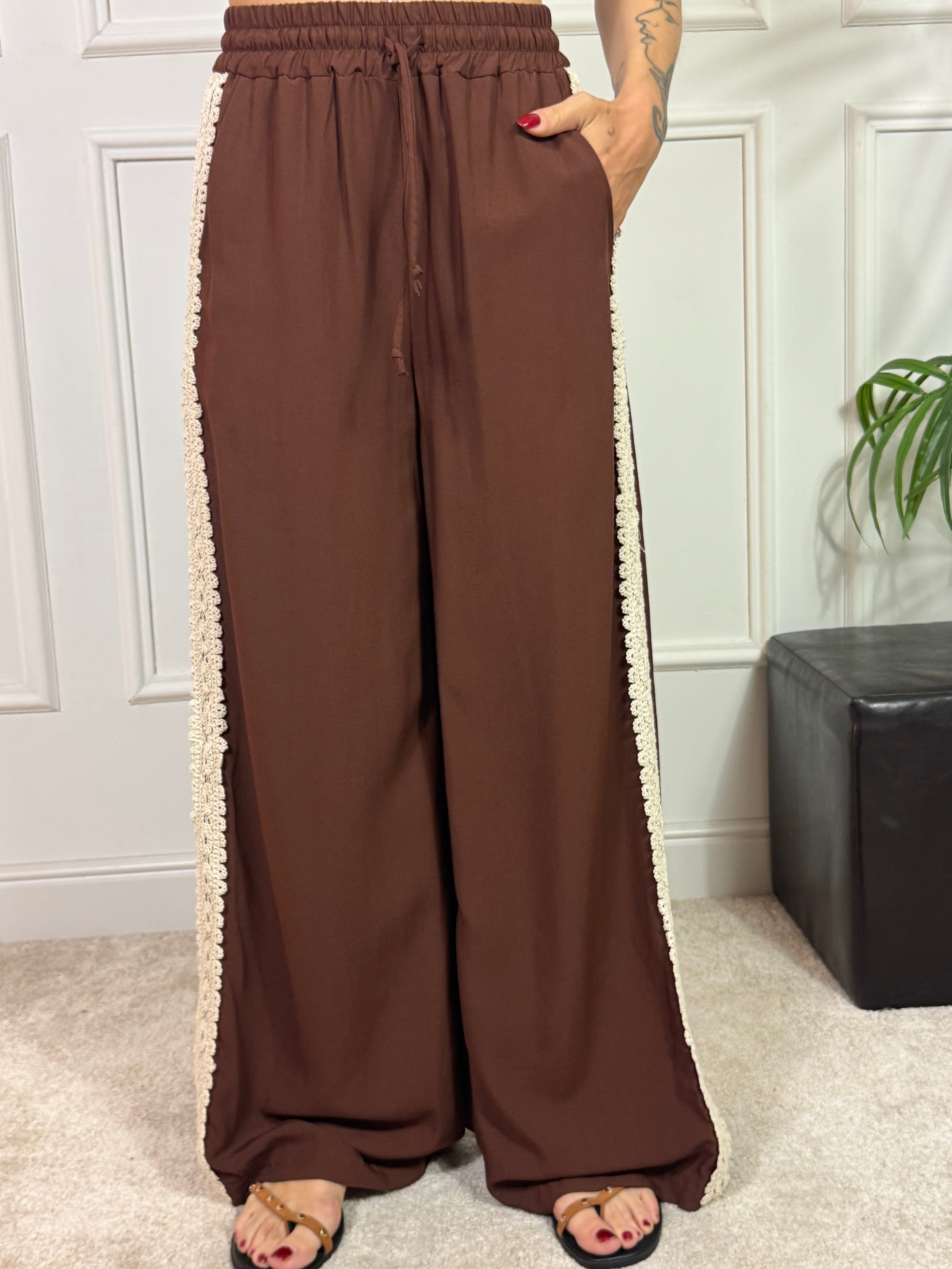 PANTALONE PALAZZO Victoria ILMH MARRONE - RICAMI CROCHET