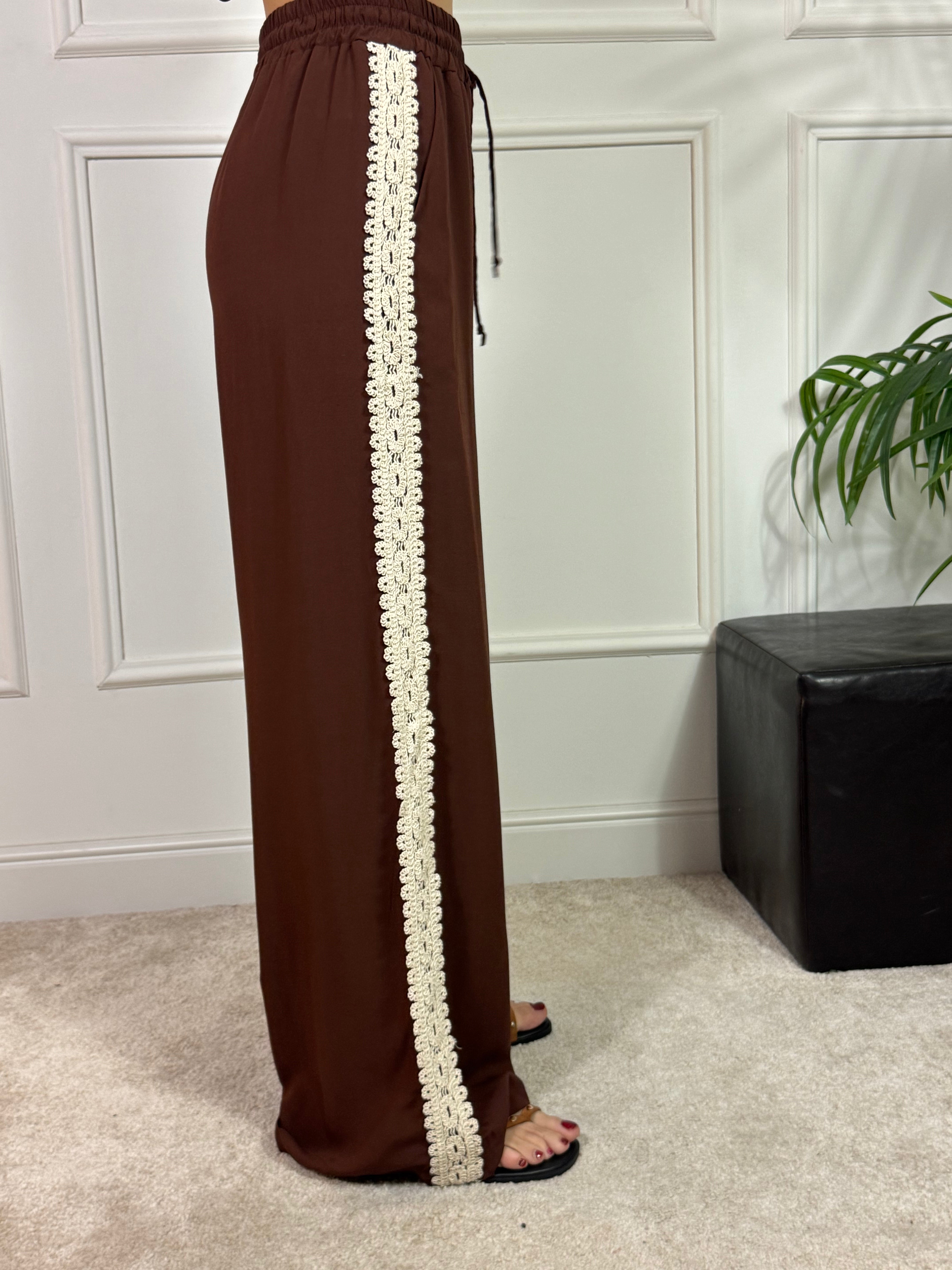 PANTALONE PALAZZO Victoria ILMH MARRONE - RICAMI CROCHET