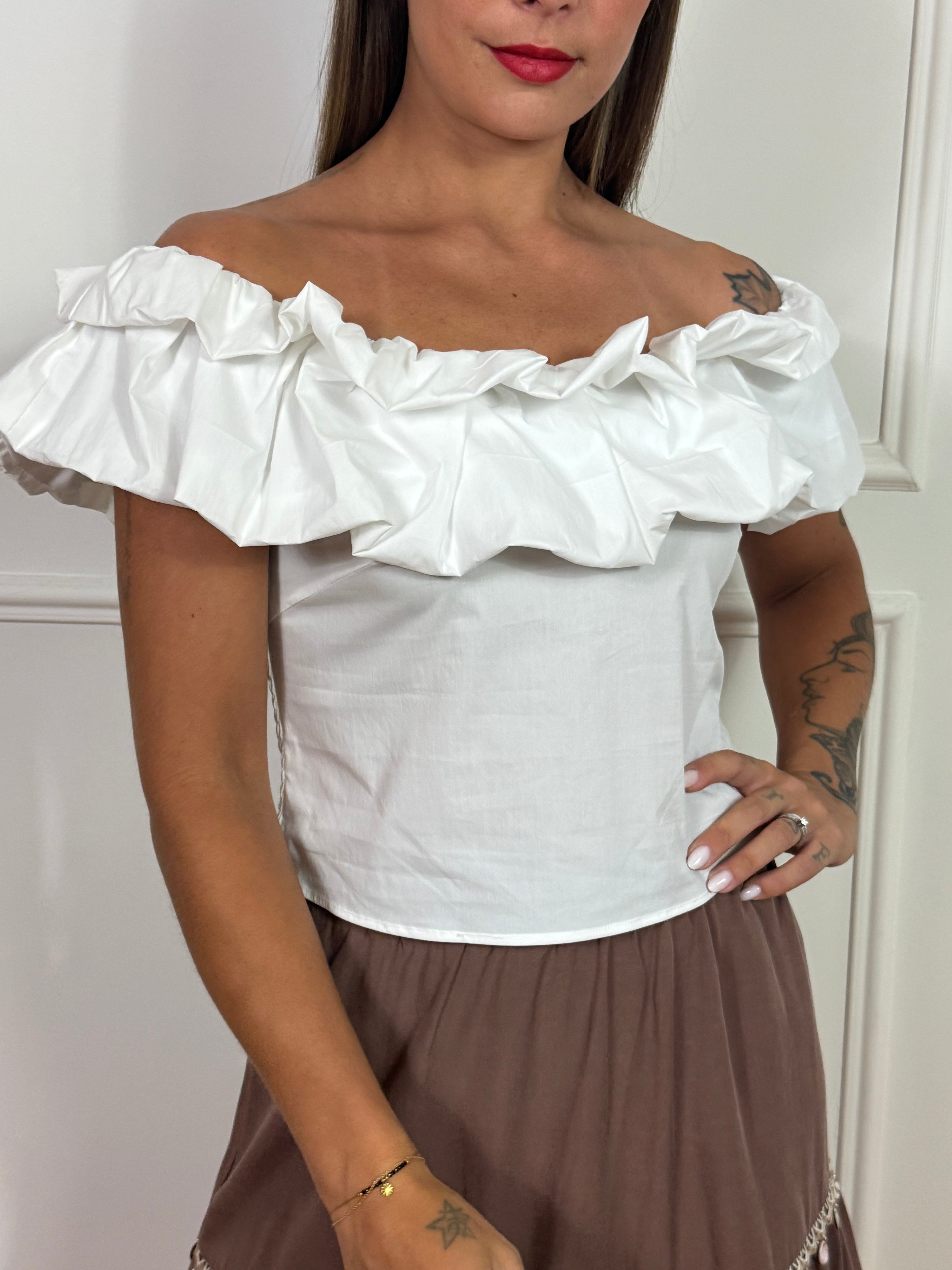 Camicia Top in cotone scollo shiffer con rouches You Decide