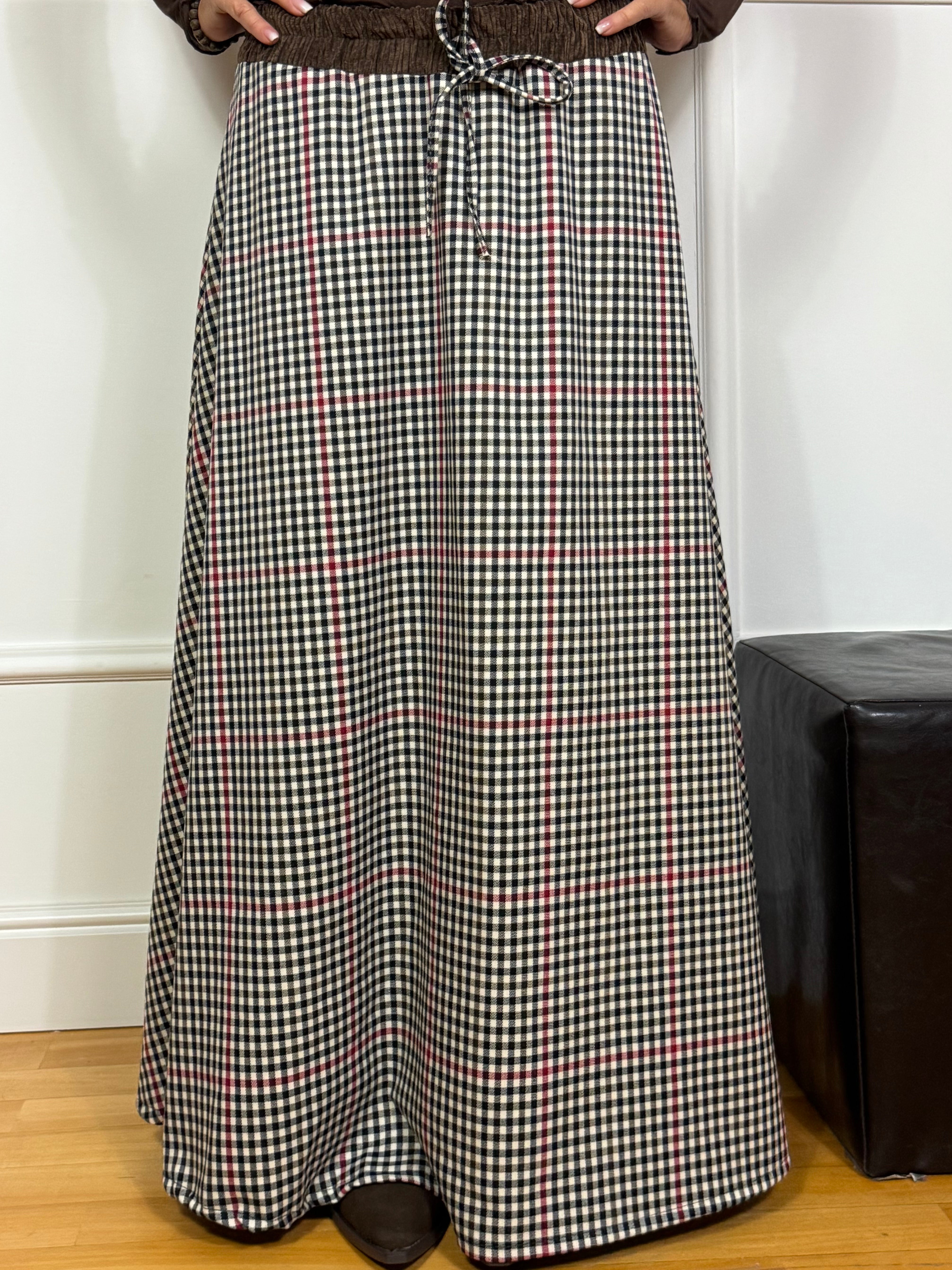 Gonna lunga a fantasia e vita in velluto Victoria ILMH QUADRETTINI RIGHE ROSSE