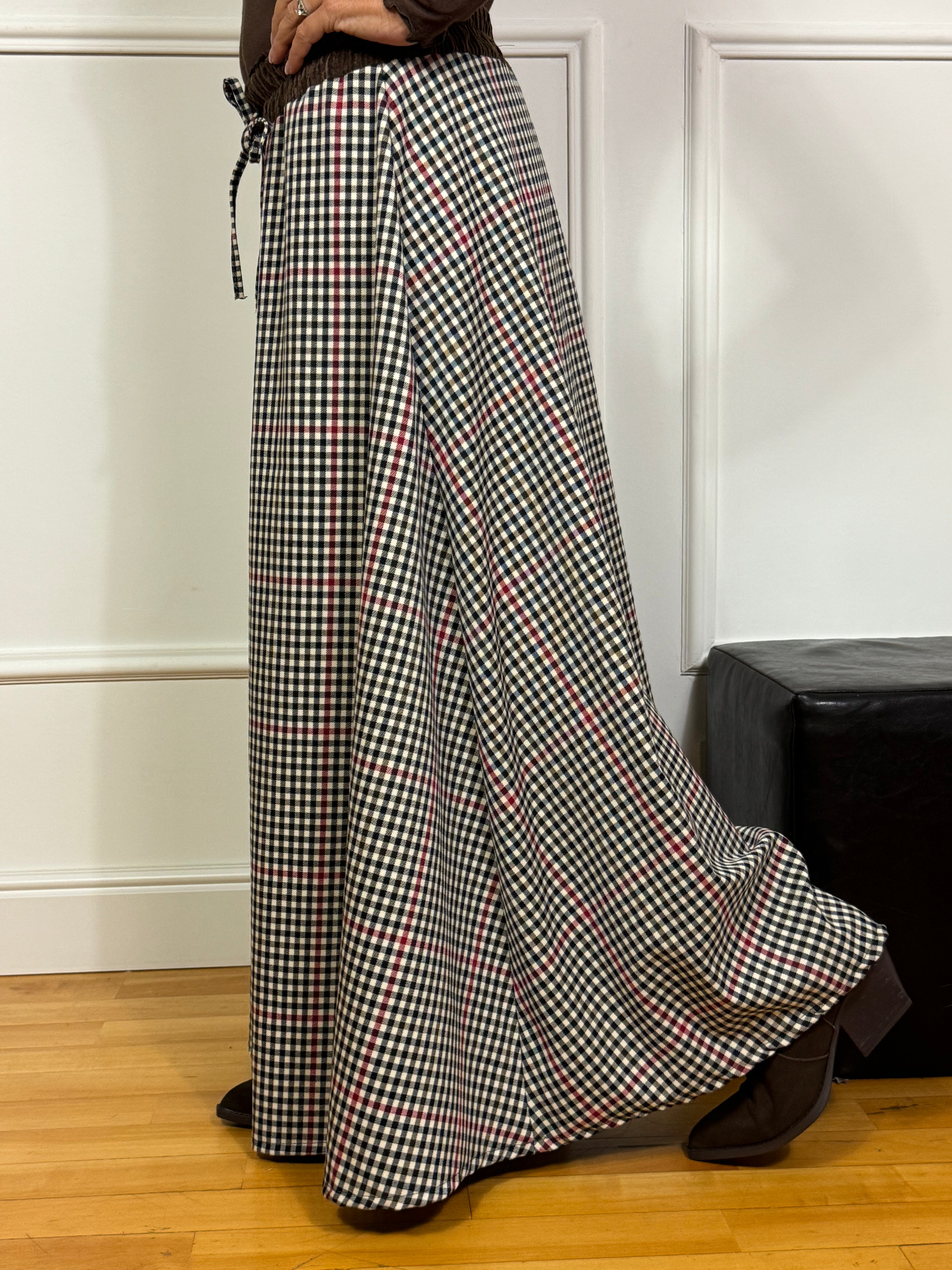 Gonna lunga a fantasia e vita in velluto Victoria ILMH QUADRETTINI RIGHE ROSSE