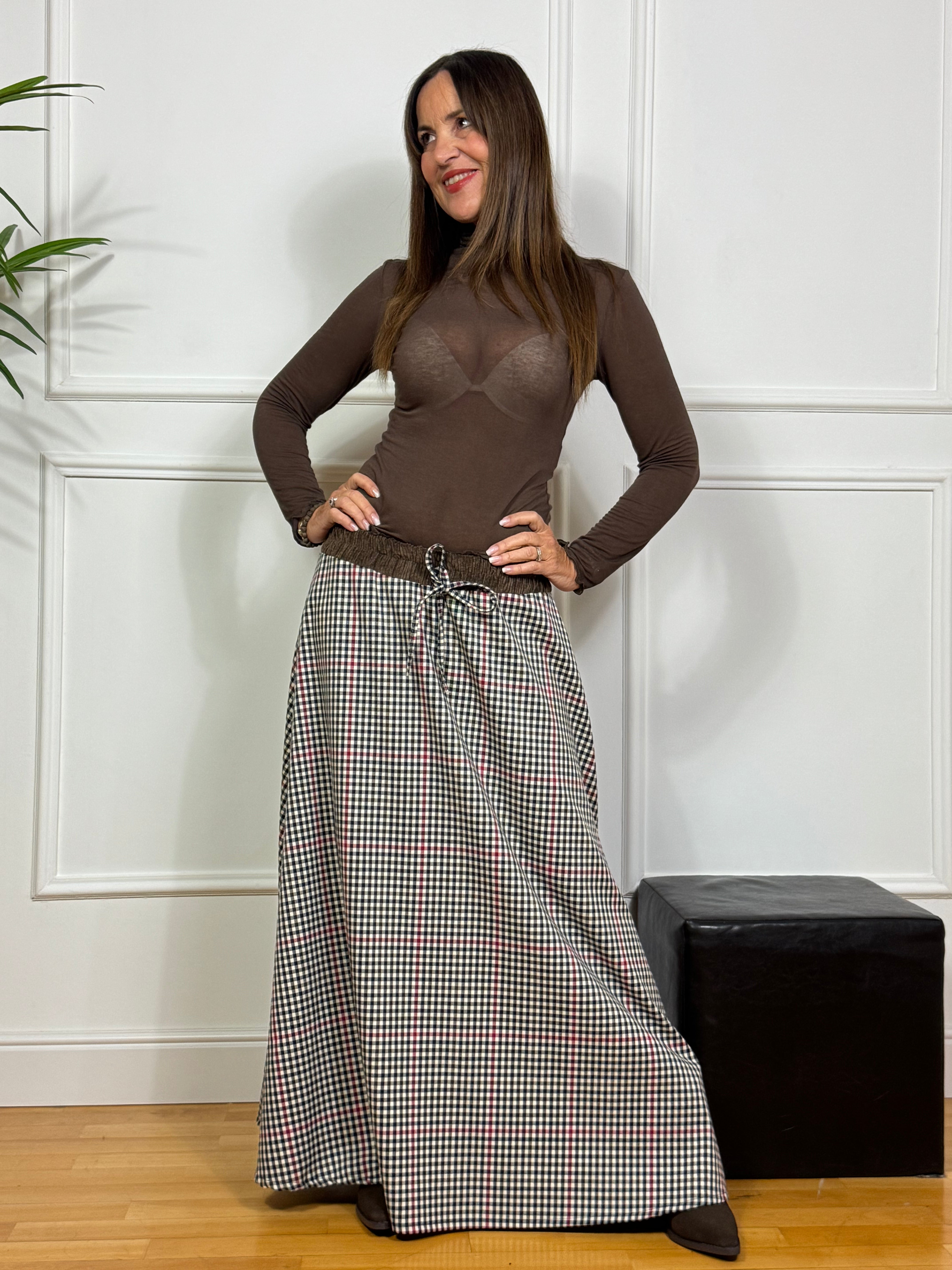 Gonna lunga a fantasia e vita in velluto Victoria ILMH QUADRETTINI RIGHE ROSSE