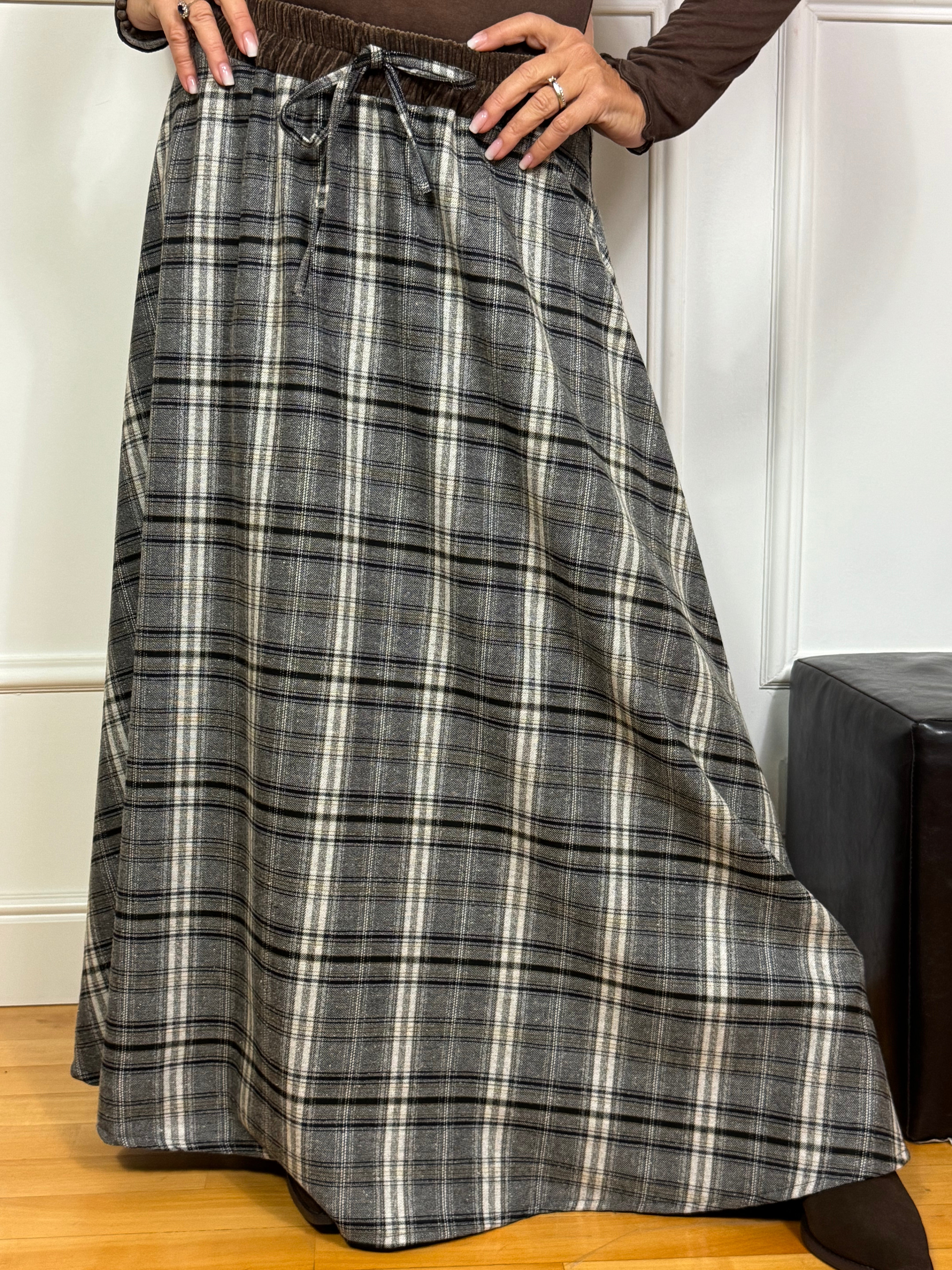 Gonna lunga a fantasia e vita in velluto Victoria ILMH SCOZZESE GRIGIO