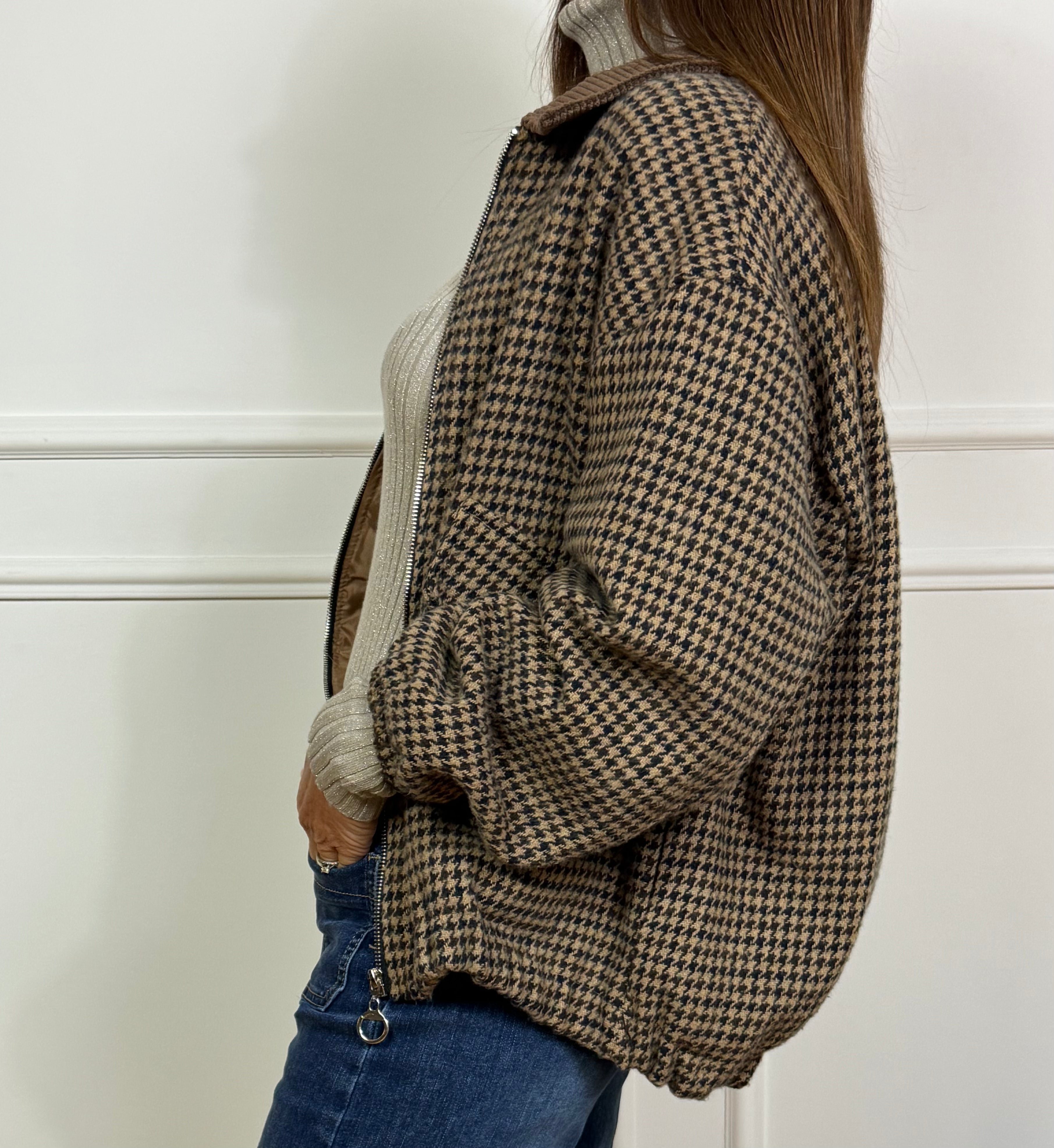 Giacca bomber oversize in pannetto Victoria ILMH fantasia pied-de-poule e colletto in velluto