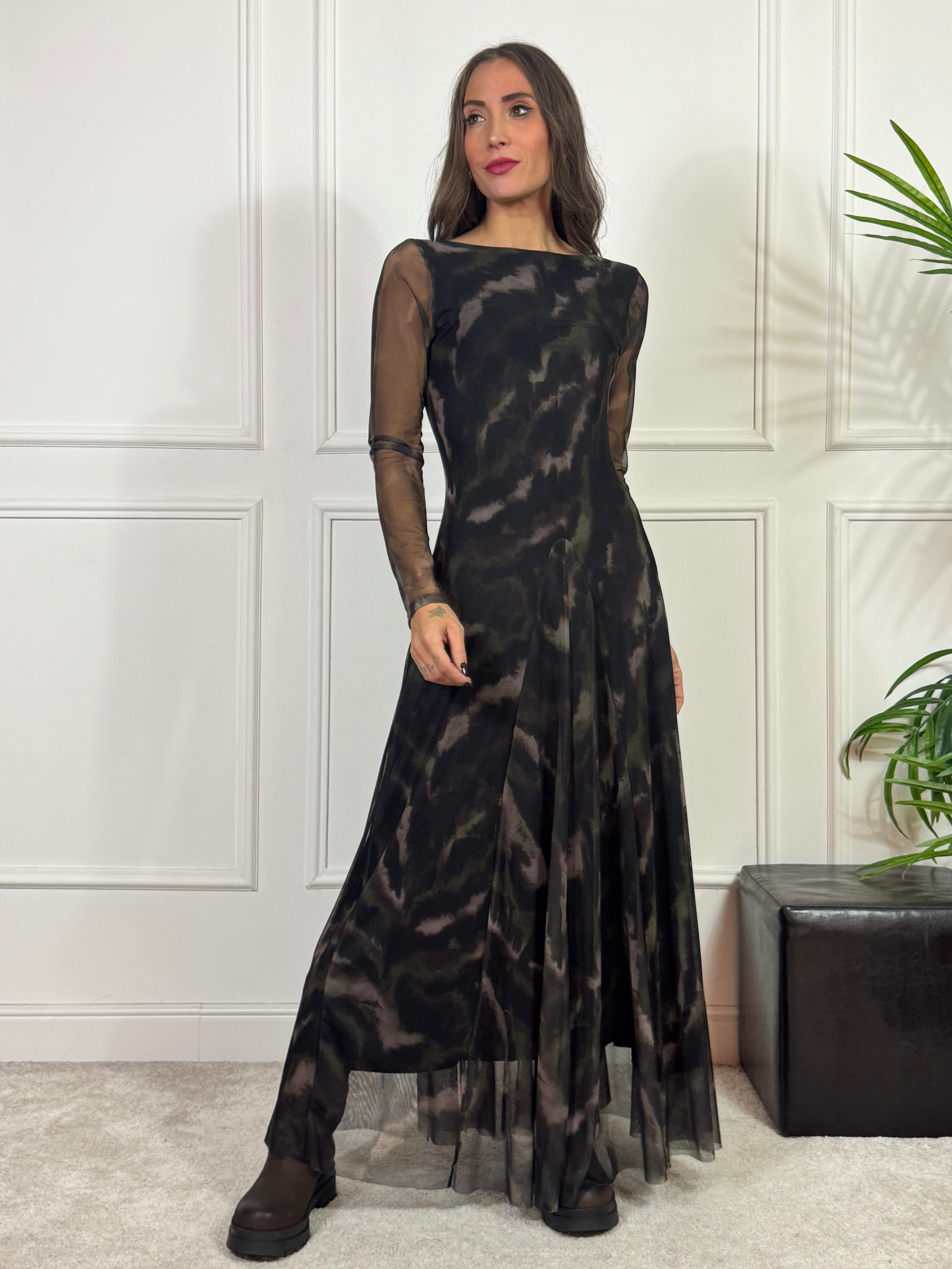 Abito LUNGO TULLE scollo schiena Susy Mix VERDE-MORO