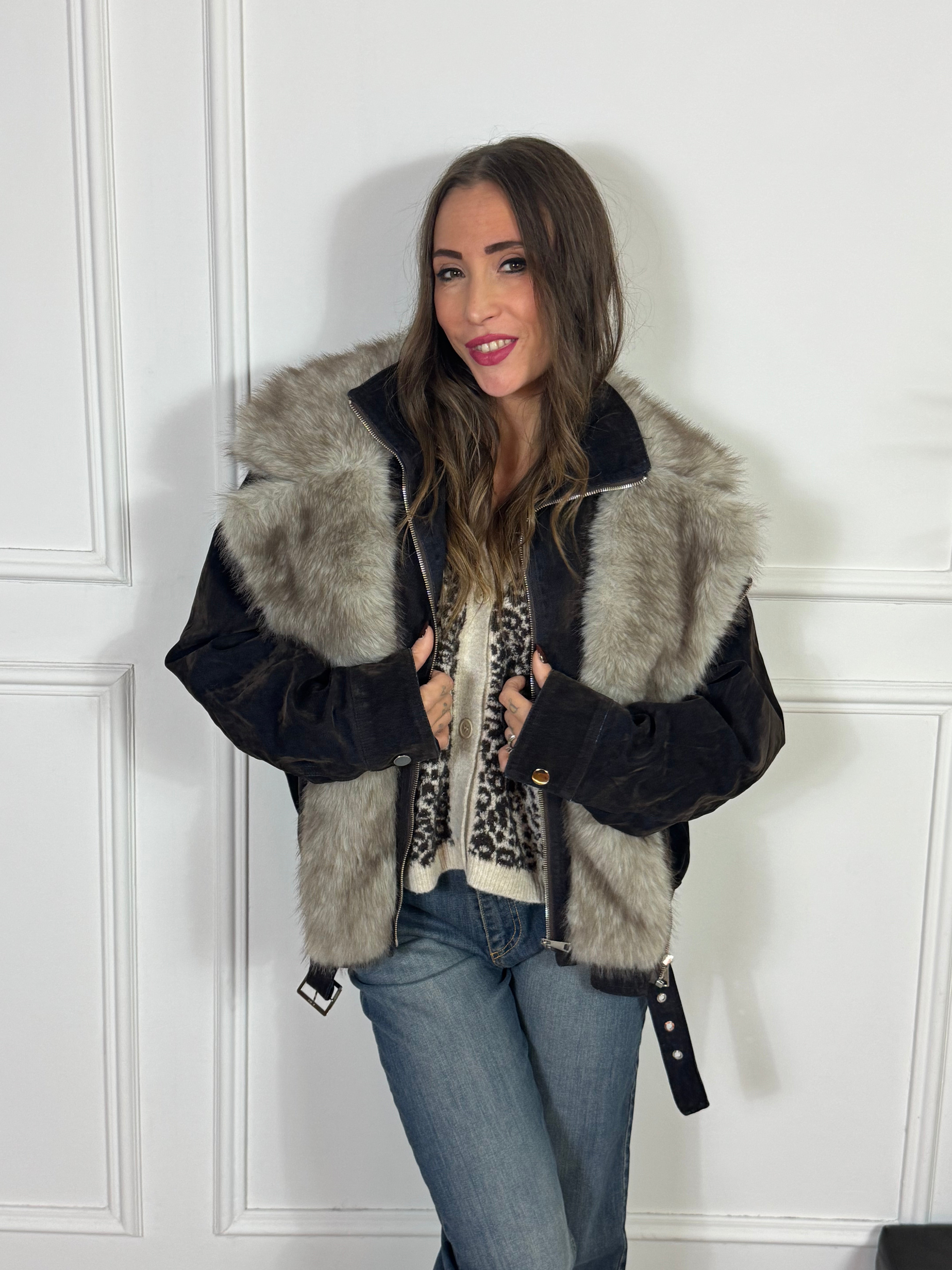 Giacca bomber sovrattinta Susy Mix con inserti ecopelliccia