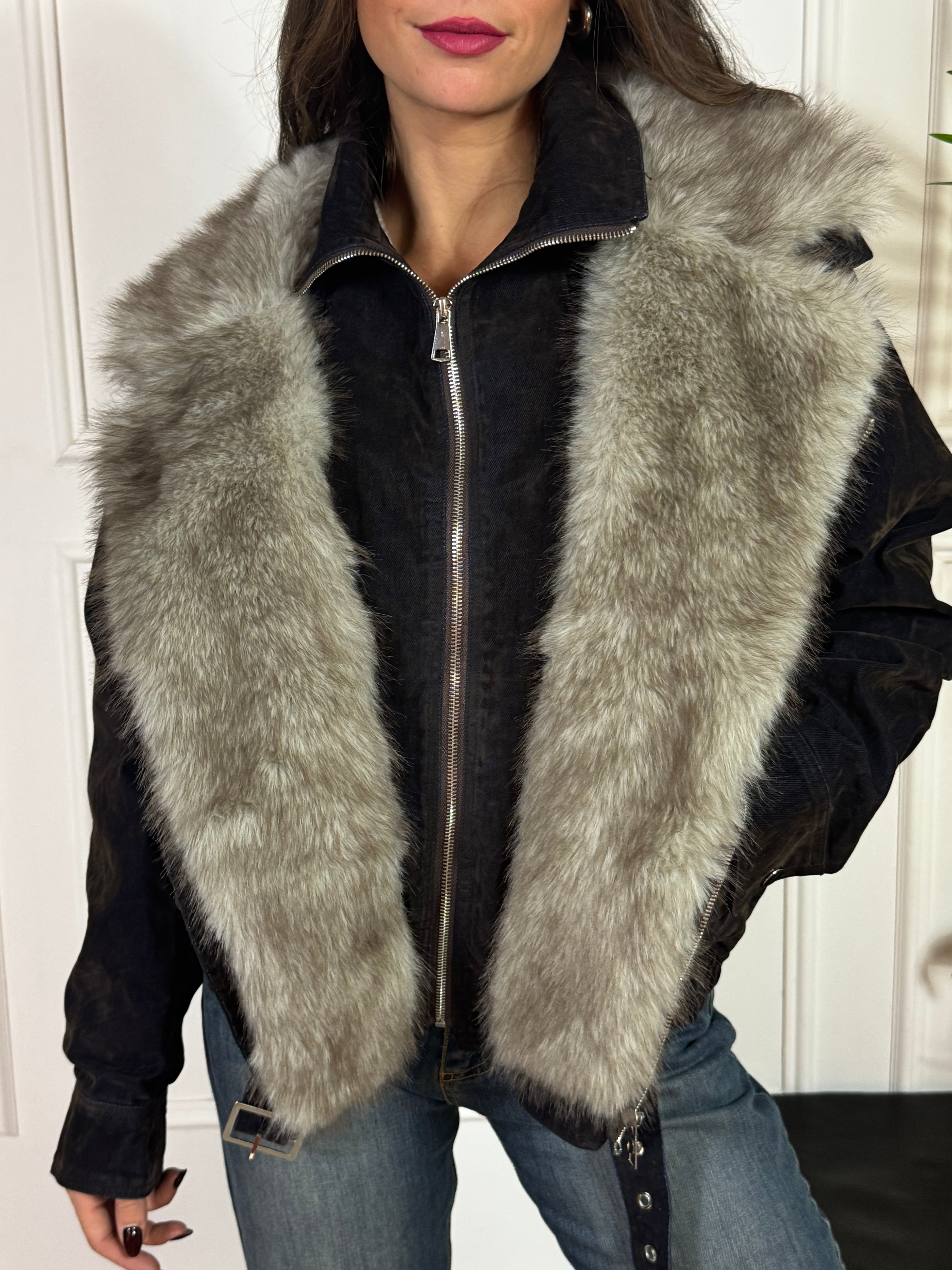 Giacca bomber sovrattinta Susy Mix con inserti ecopelliccia