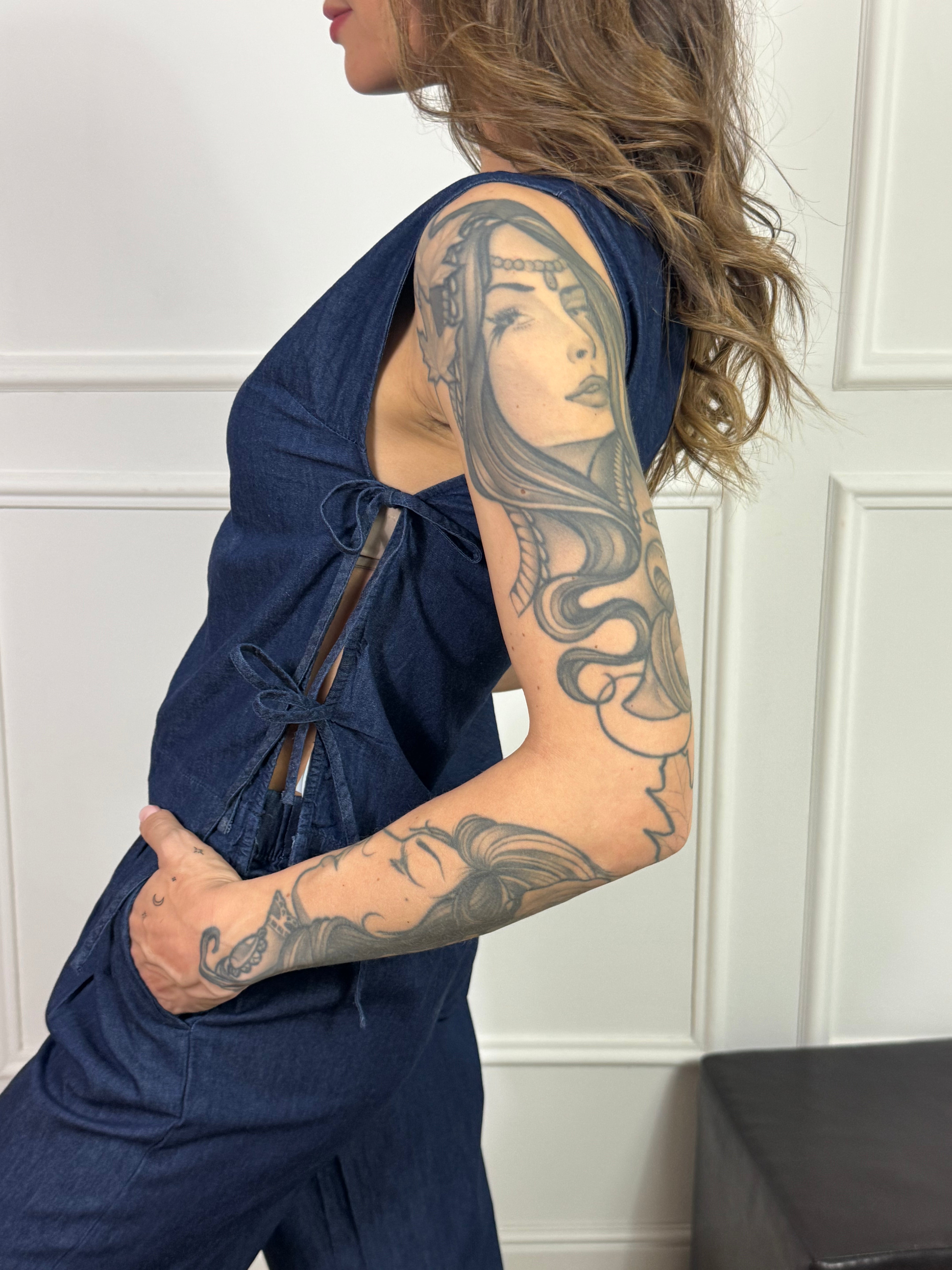 Top in CHAMBRAY JJXX modello DEBBY con LACCETTI LATERALI