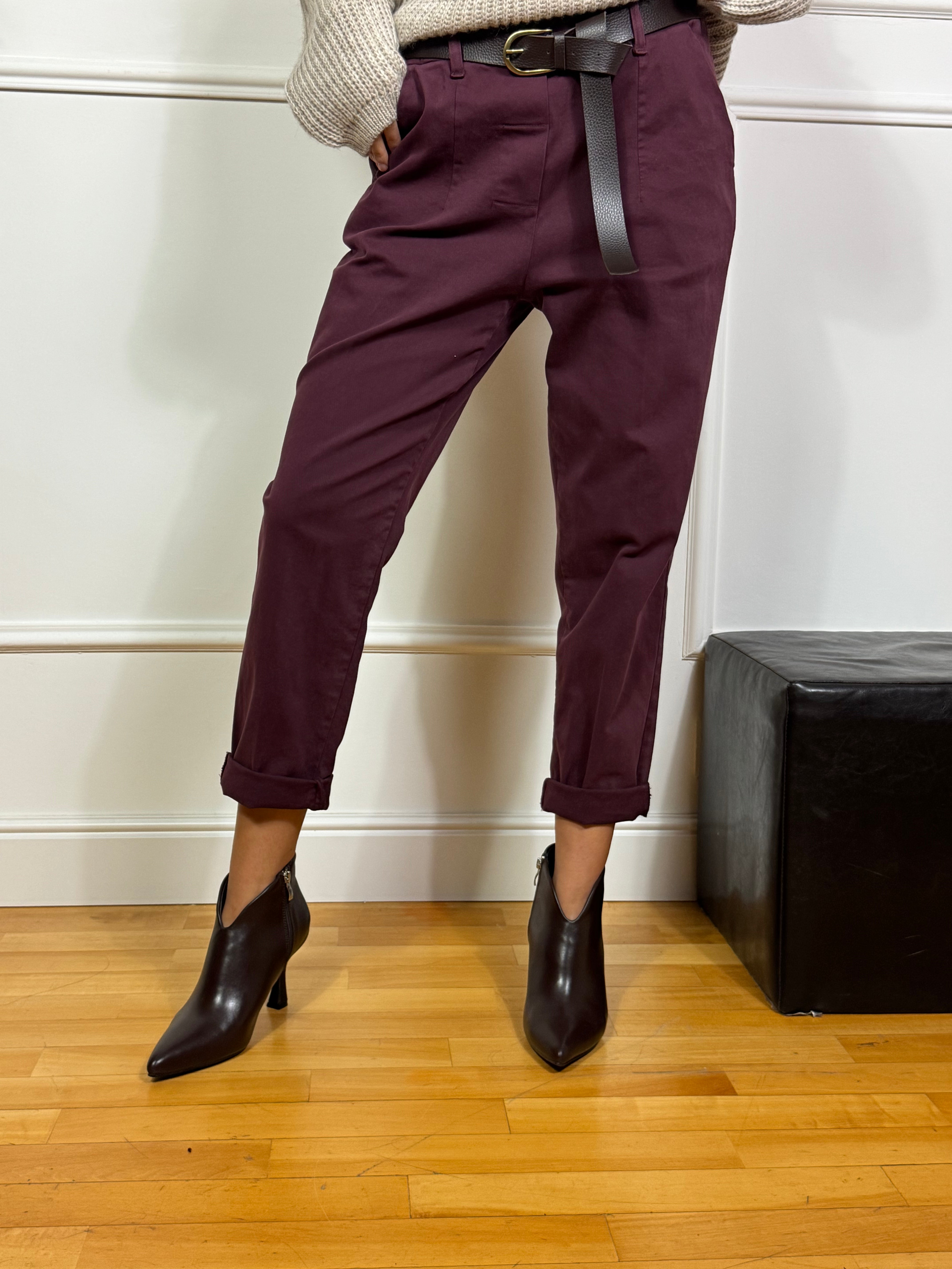 Pantalone in COTONE SOSTENUTO Susy Mix con ELASTICO IN VITA E CINTURA MARRONE