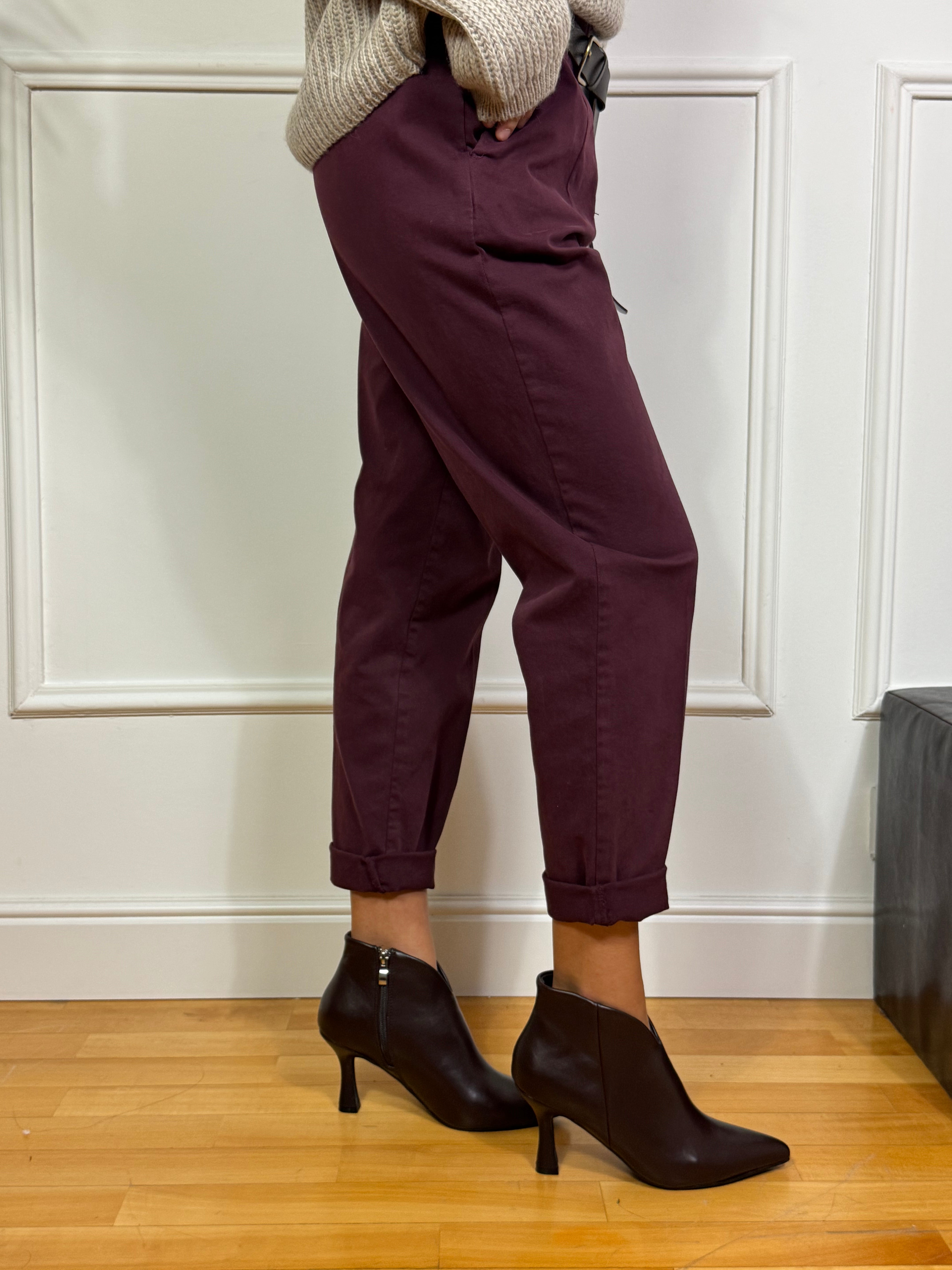 Pantalone in COTONE SOSTENUTO Susy Mix con ELASTICO IN VITA E CINTURA MARRONE