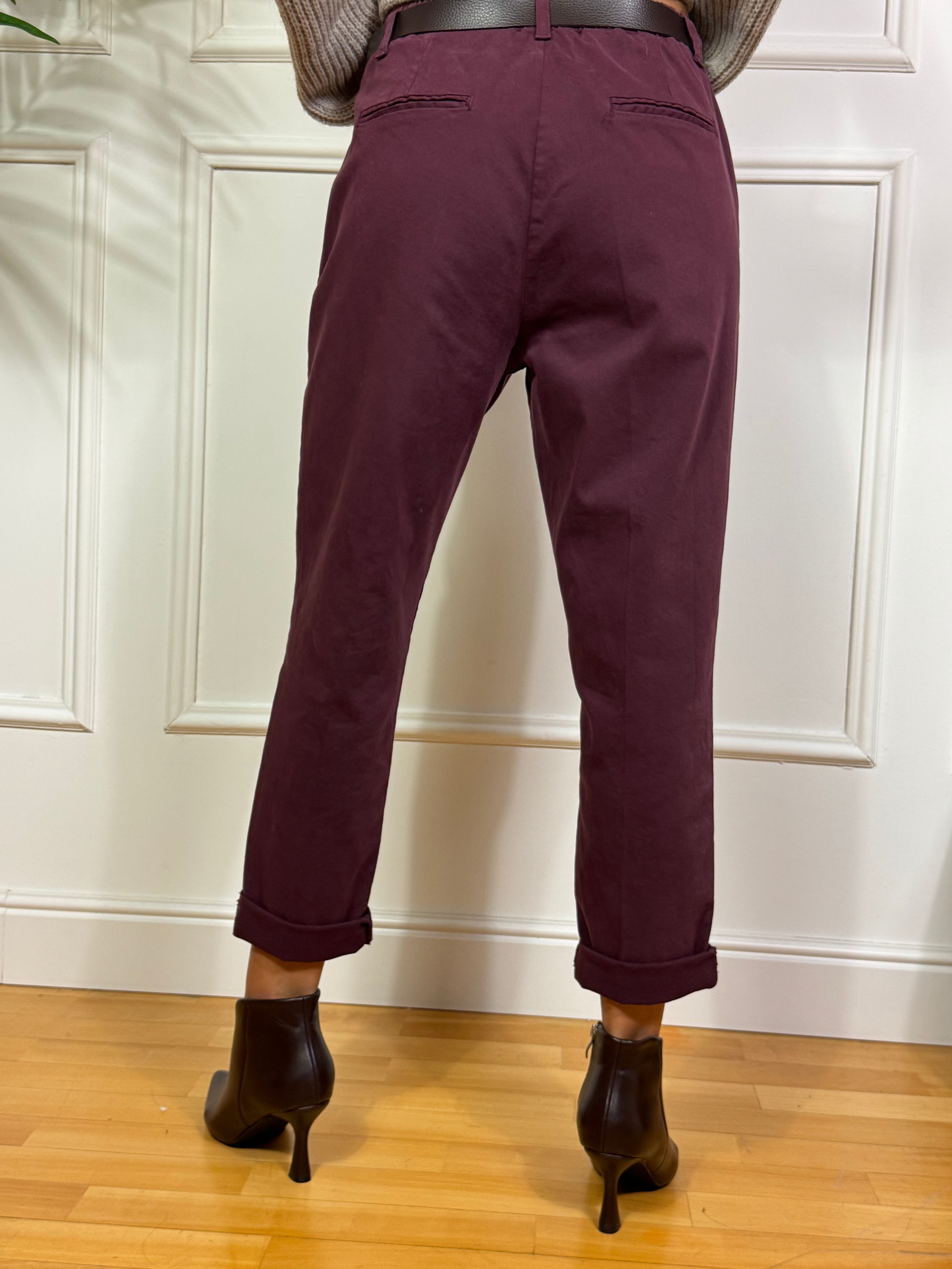 Pantalone in COTONE SOSTENUTO Susy Mix con ELASTICO IN VITA E CINTURA MARRONE