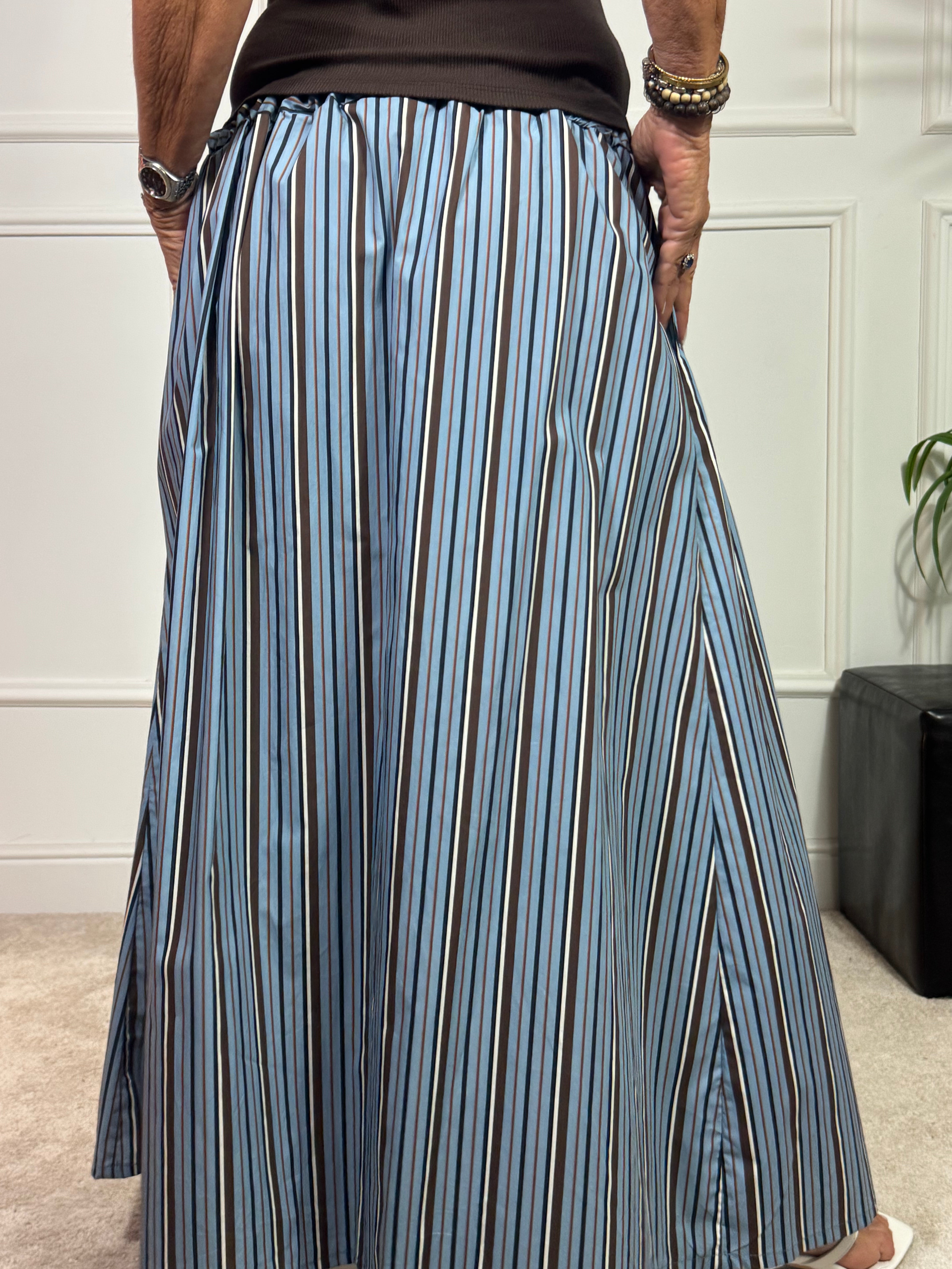 Gonna in cotone Victoria ILMH fantasia righe azzurro-marrone