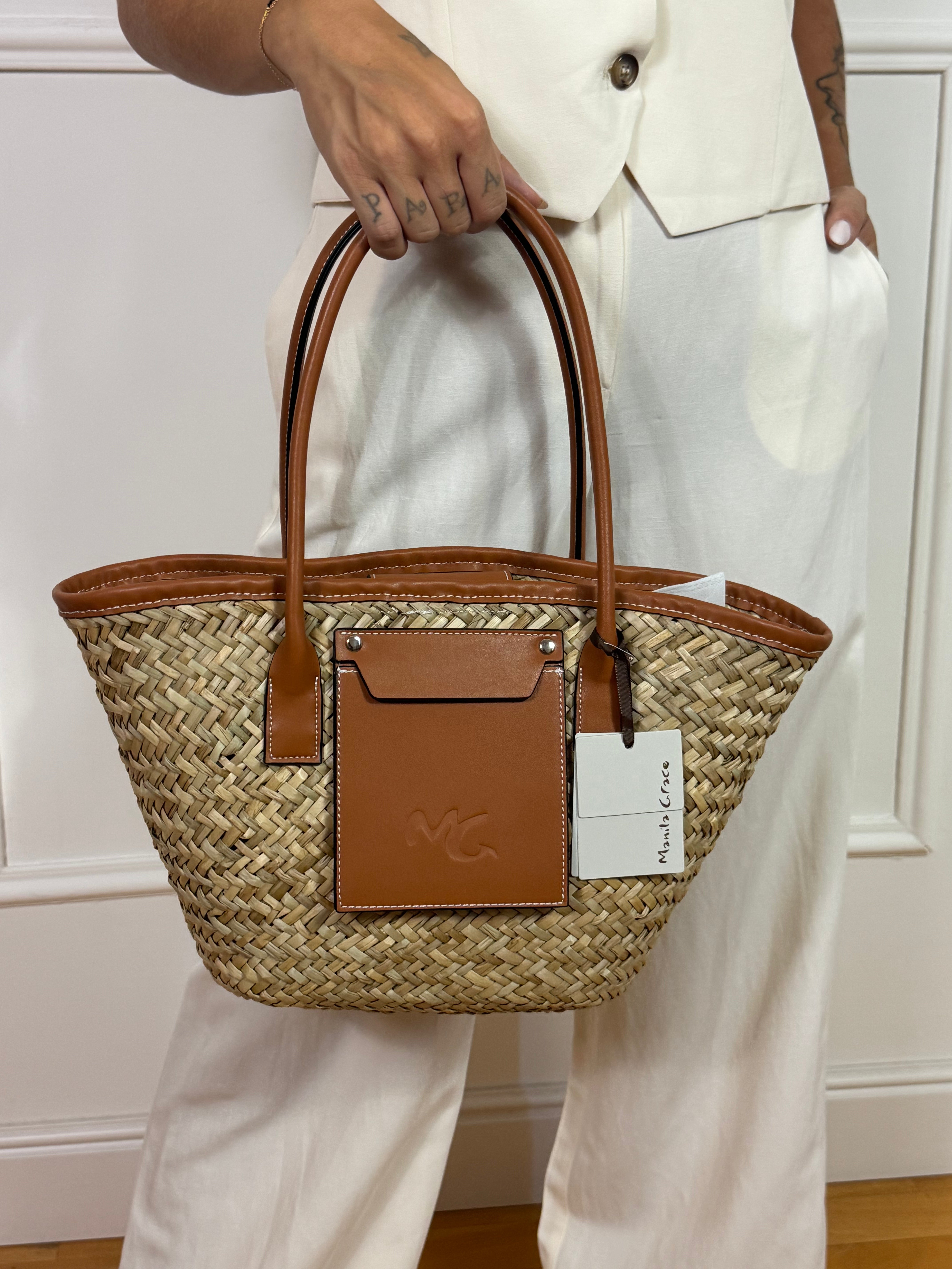Borsa Manila Grace CESTA PAGLIA con dettagli in ecopelle