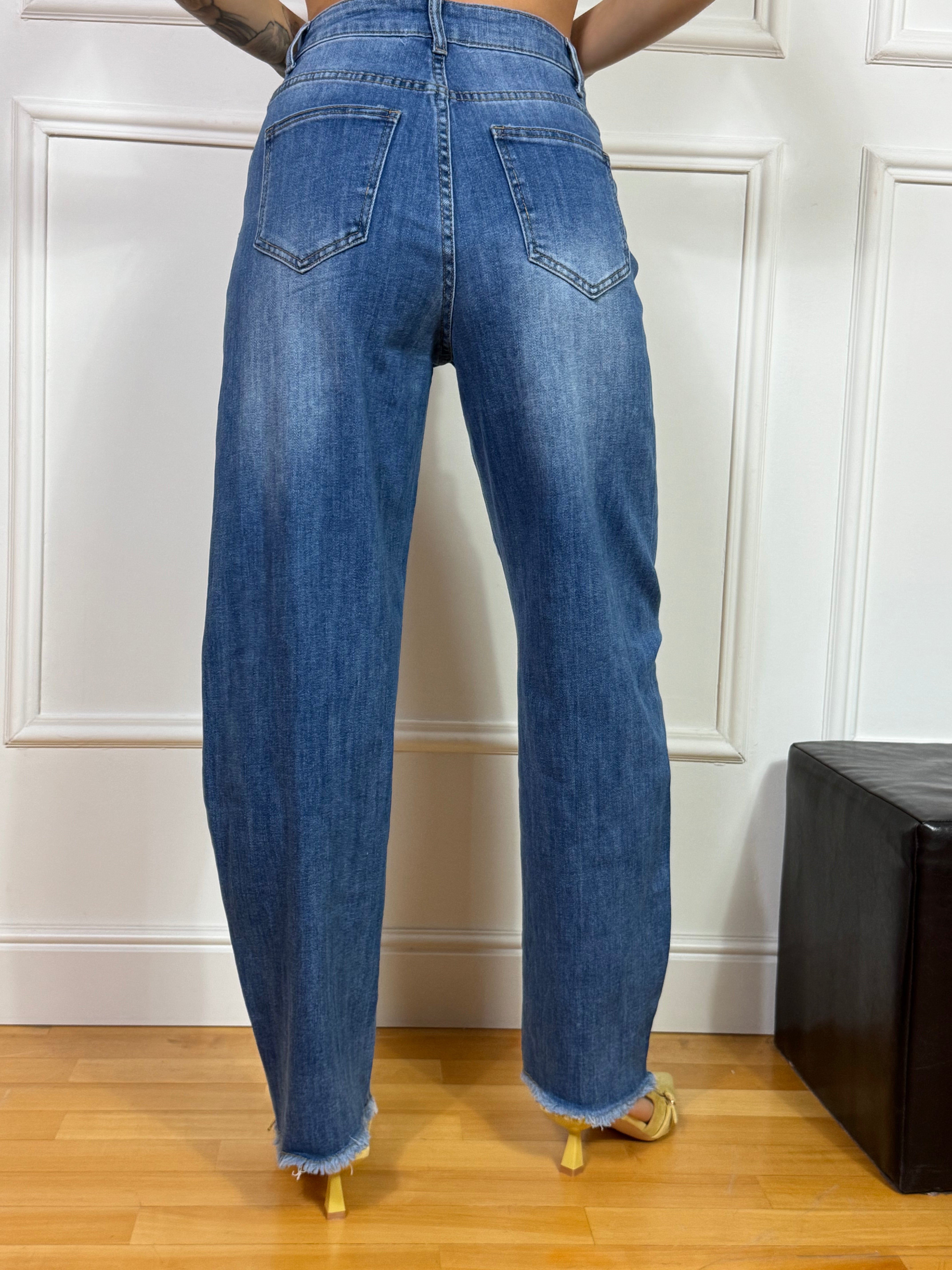 Jeans Kikisix BARREL A VITA ALTA BLU MEDIO- SFRANGIATO IN FONDO