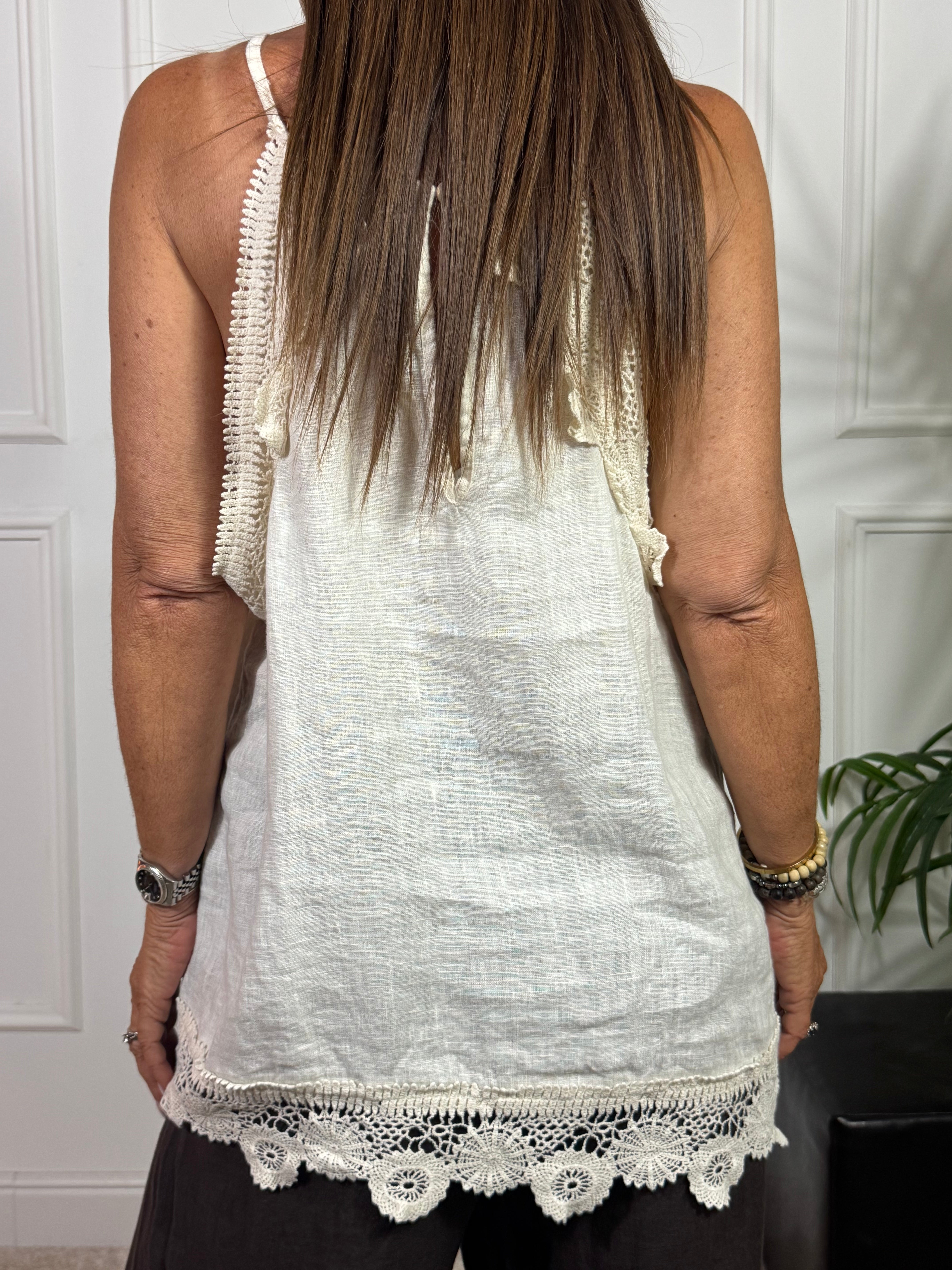 TOP LUNGO IN LINO OVER Victoria ILMH con RICAMI CROCHET