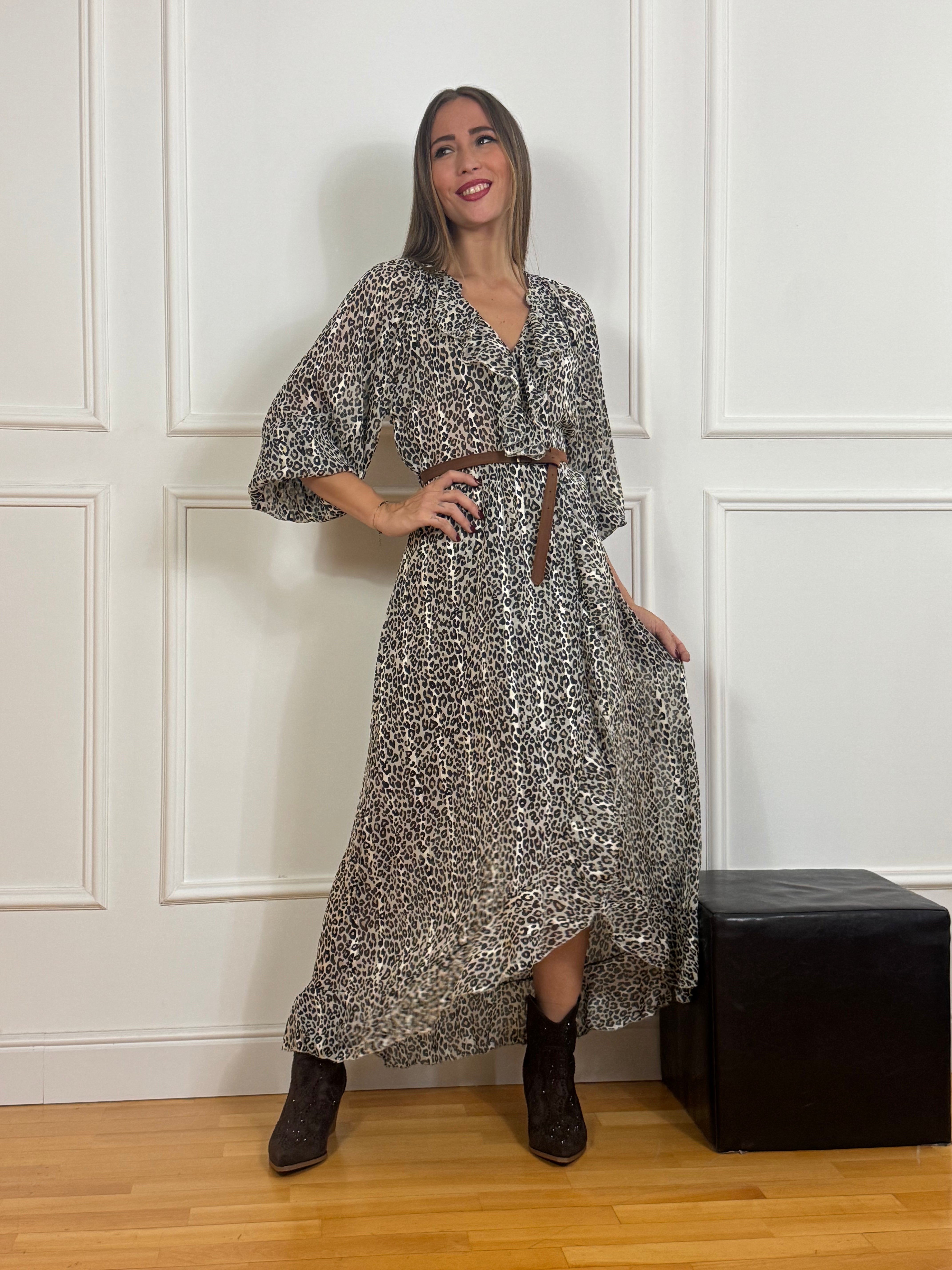 Abito lungo con volant Victoria ILMH fantasia leopardata