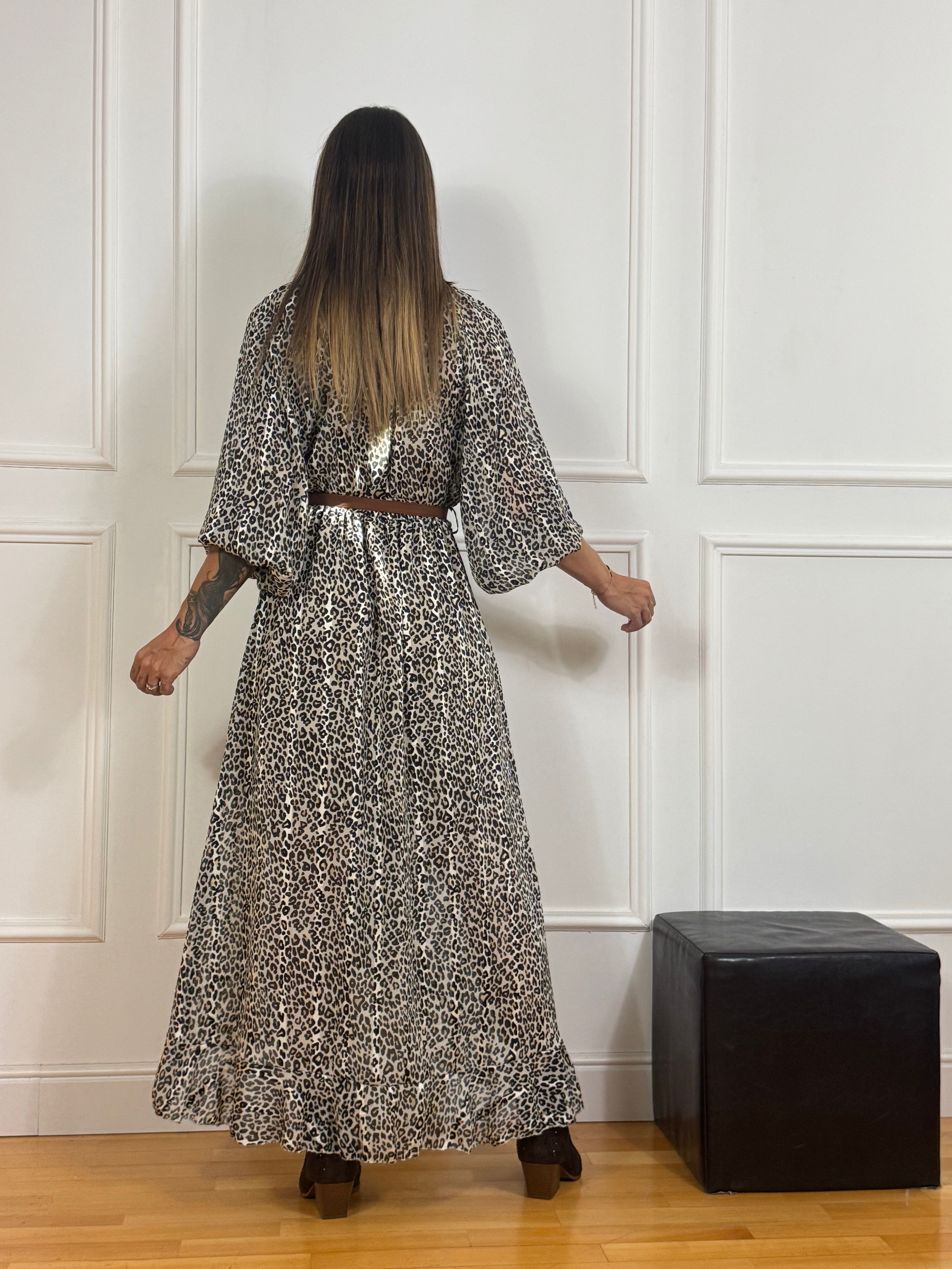 Abito lungo con volant Victoria ILMH fantasia leopardata