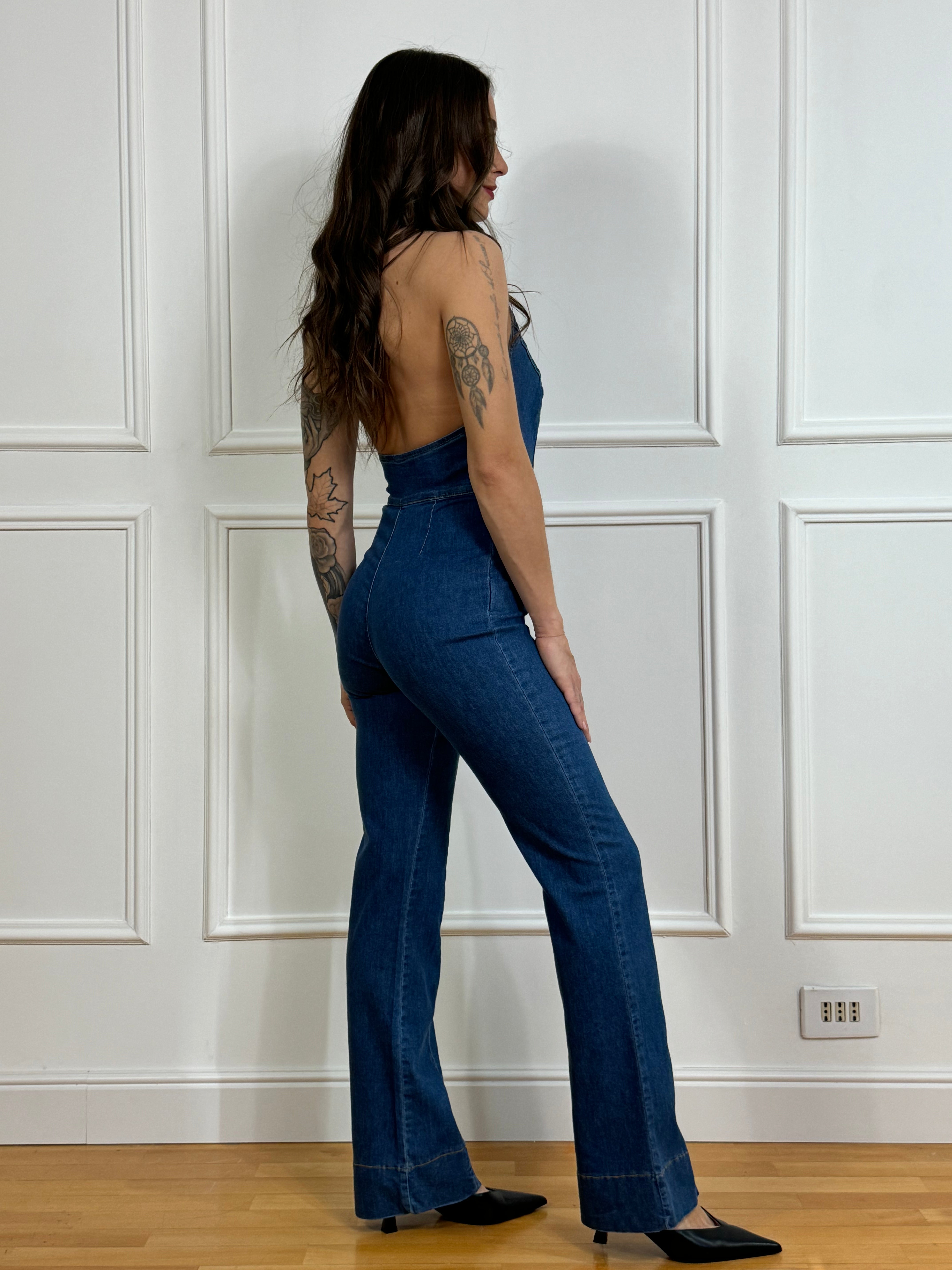 Tuta di jeans smanicata Have One con colletto e schiena nuda