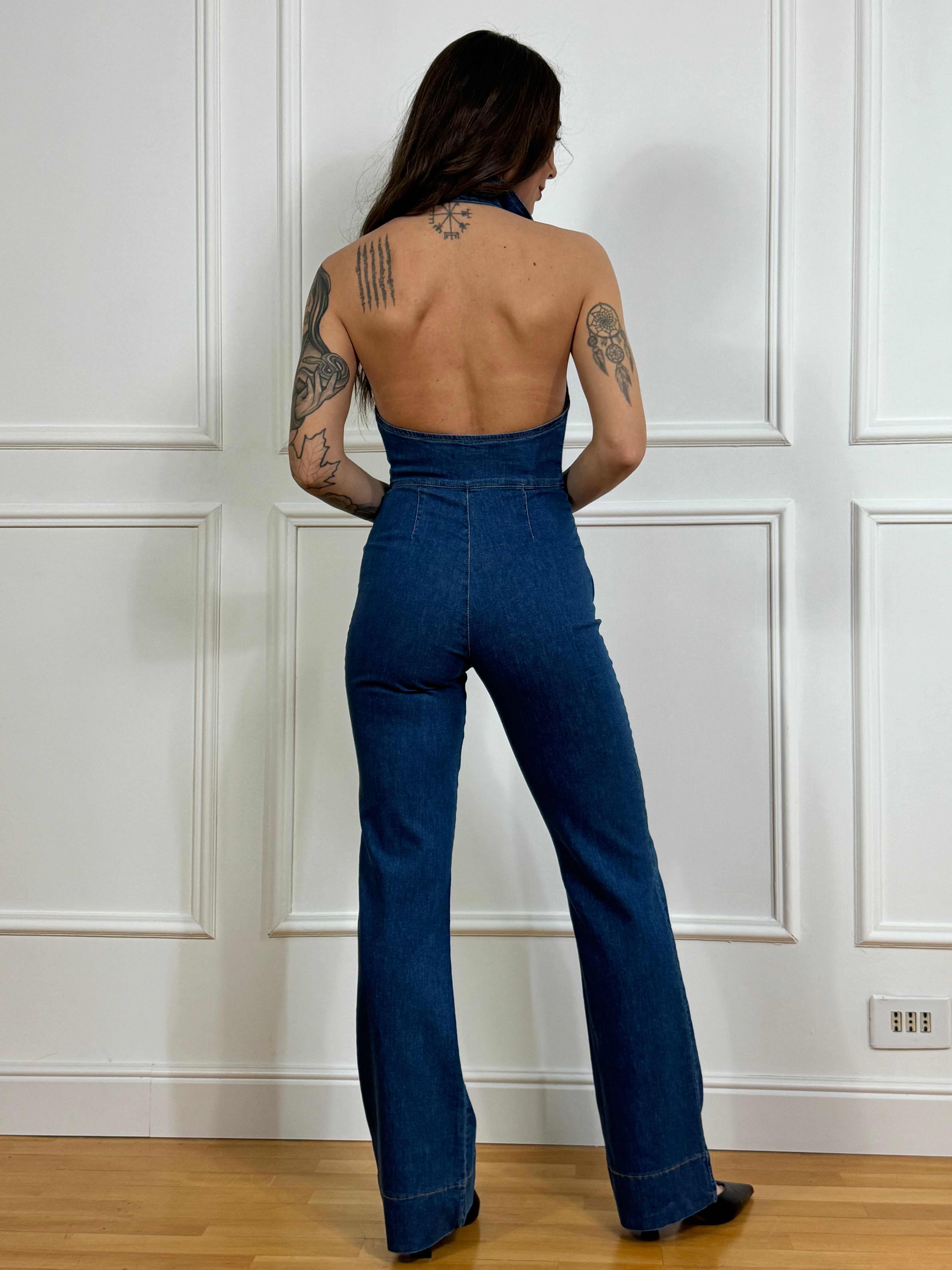 Tuta di jeans smanicata Have One con colletto e schiena nuda