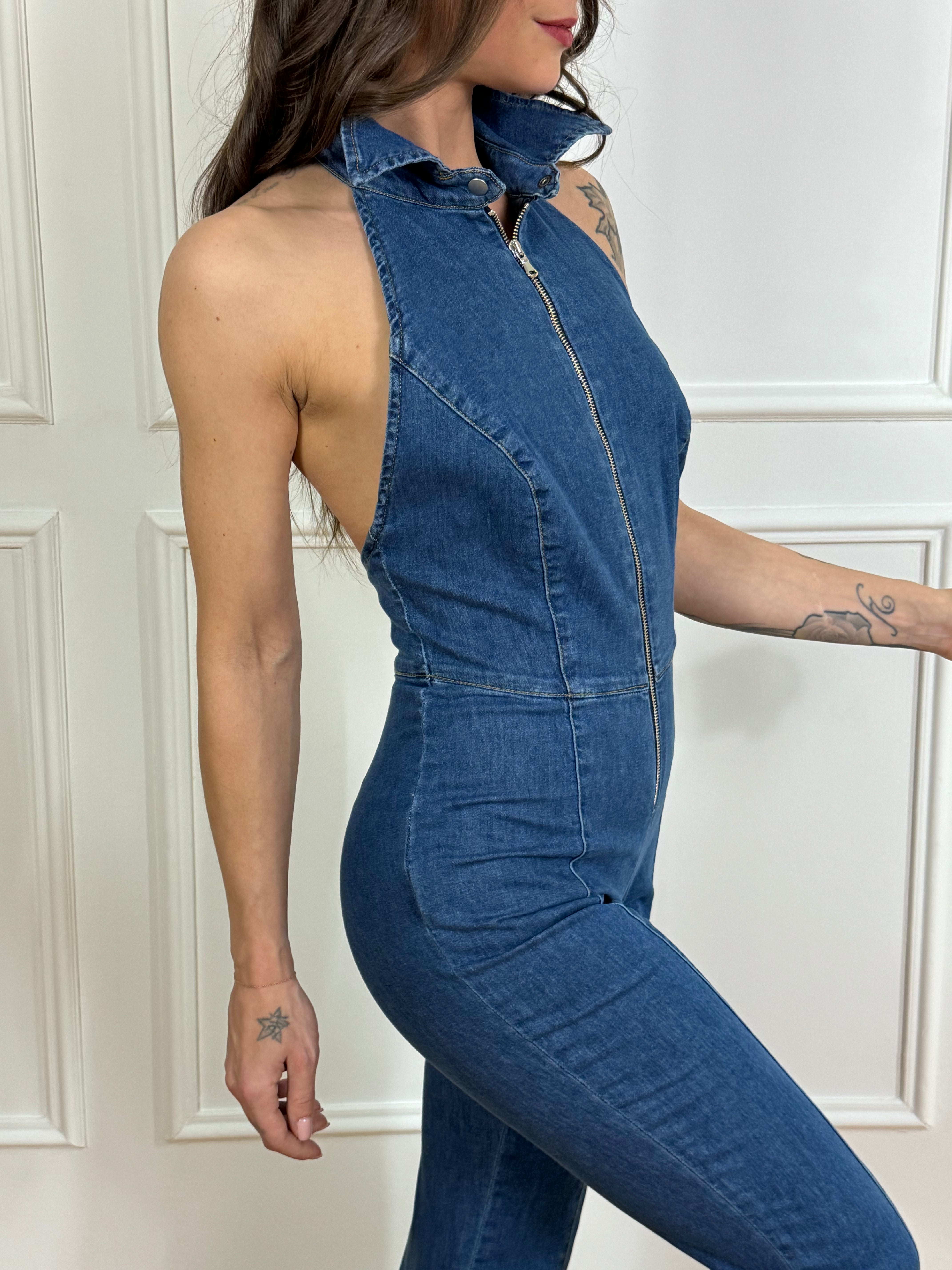 Tuta di jeans smanicata Have One con colletto e schiena nuda