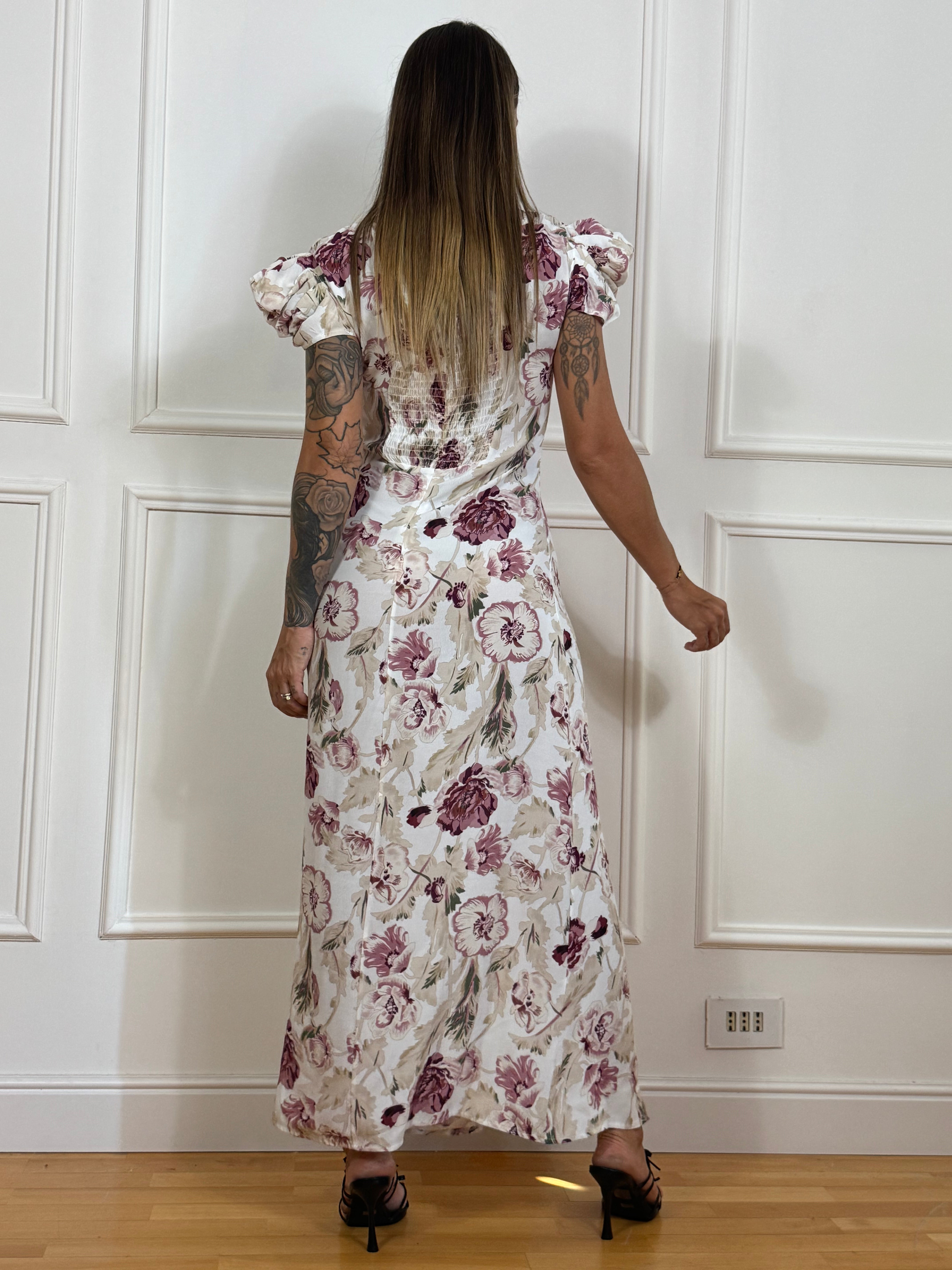 Abito lungo Kontatto con manica corta arricciata fantasia fiori