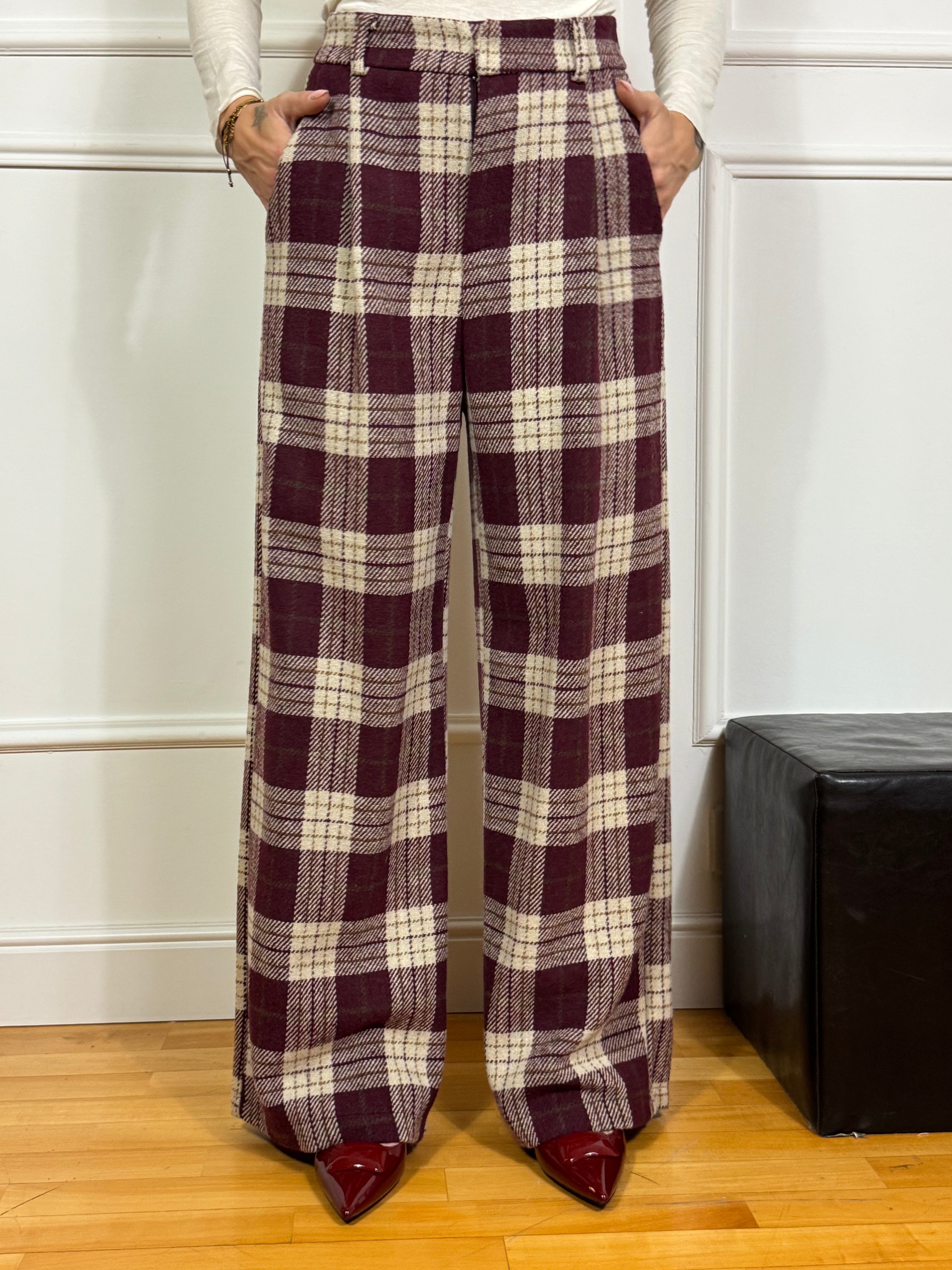 Pantalone in pannetto Victoria ILMH PALAZZO fantasia scozzese PANNA-BORDEAUX