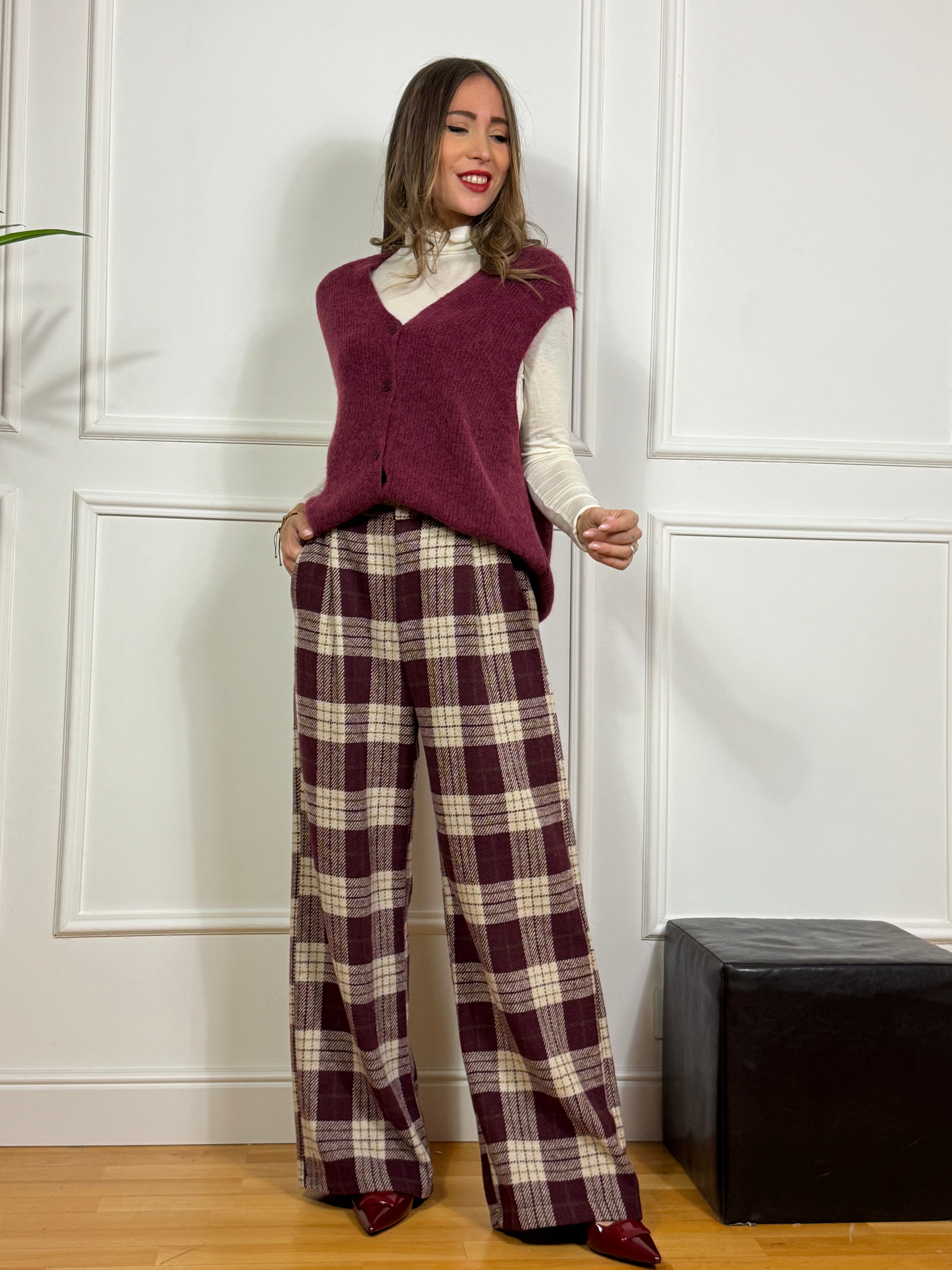 Pantalone in pannetto Victoria ILMH PALAZZO fantasia scozzese PANNA-BORDEAUX
