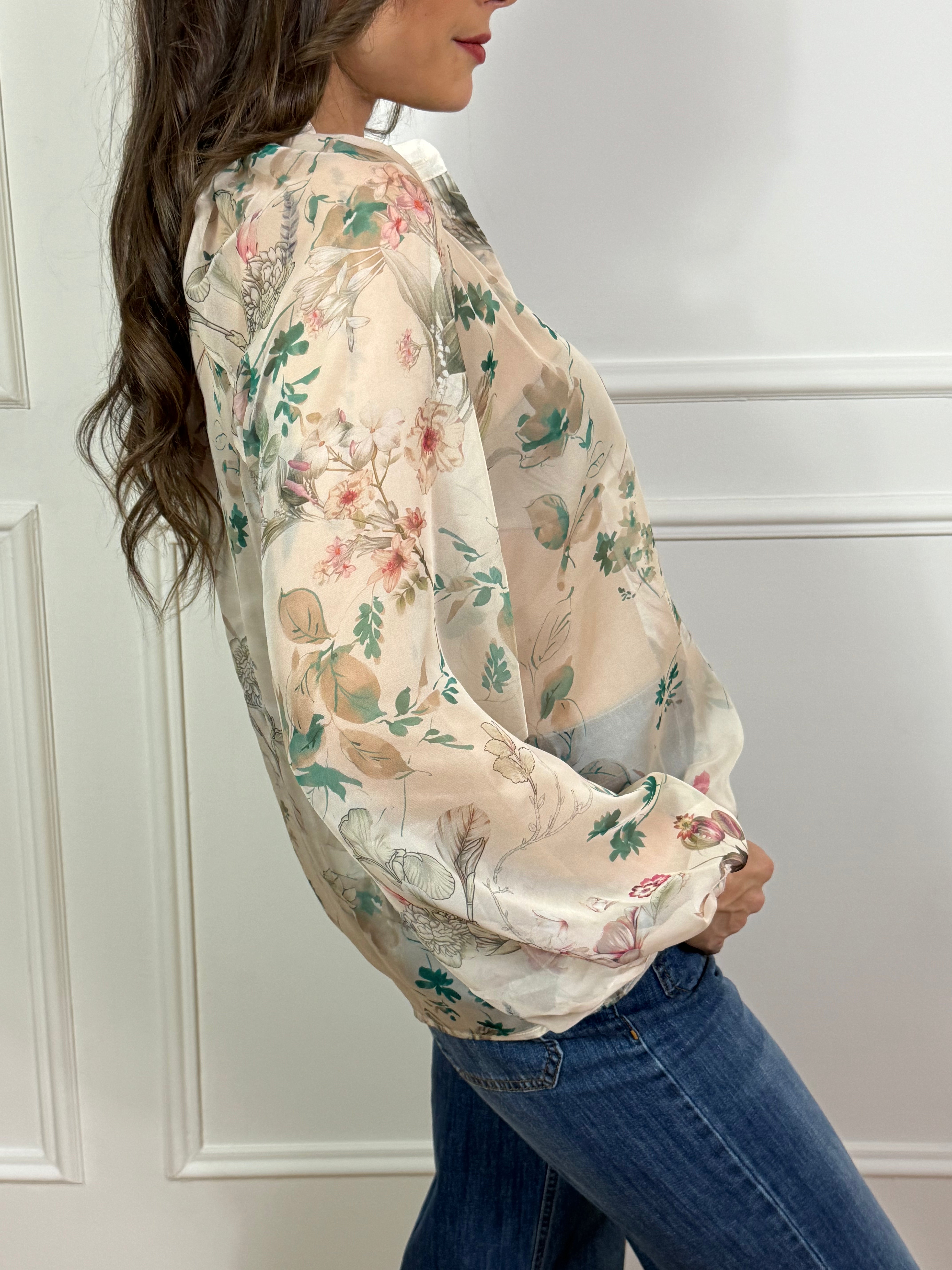 Camicia in chiffon Susy Mix fantasia floreale manica a sbuffo PANNA