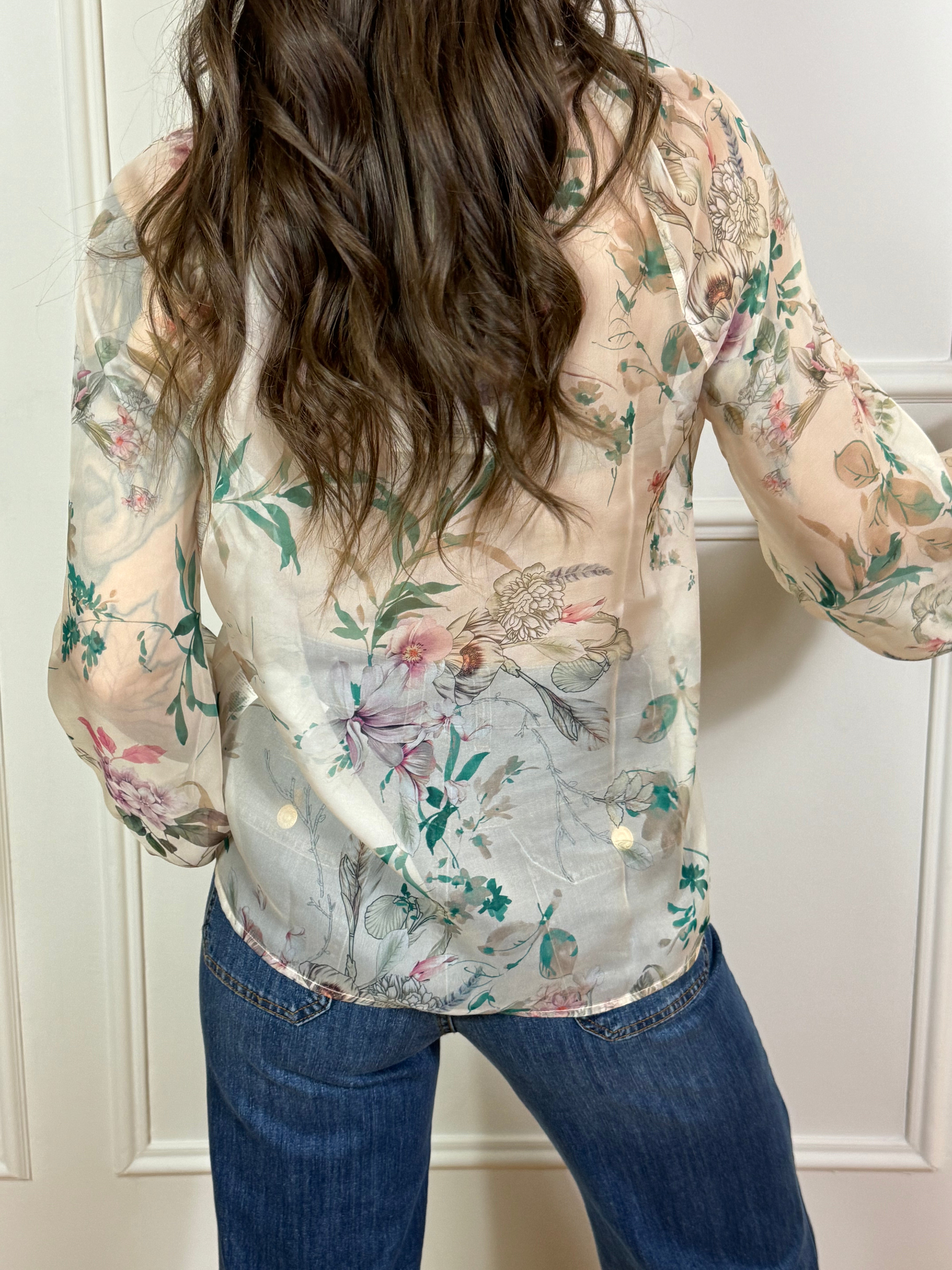 Camicia in chiffon Susy Mix fantasia floreale manica a sbuffo PANNA
