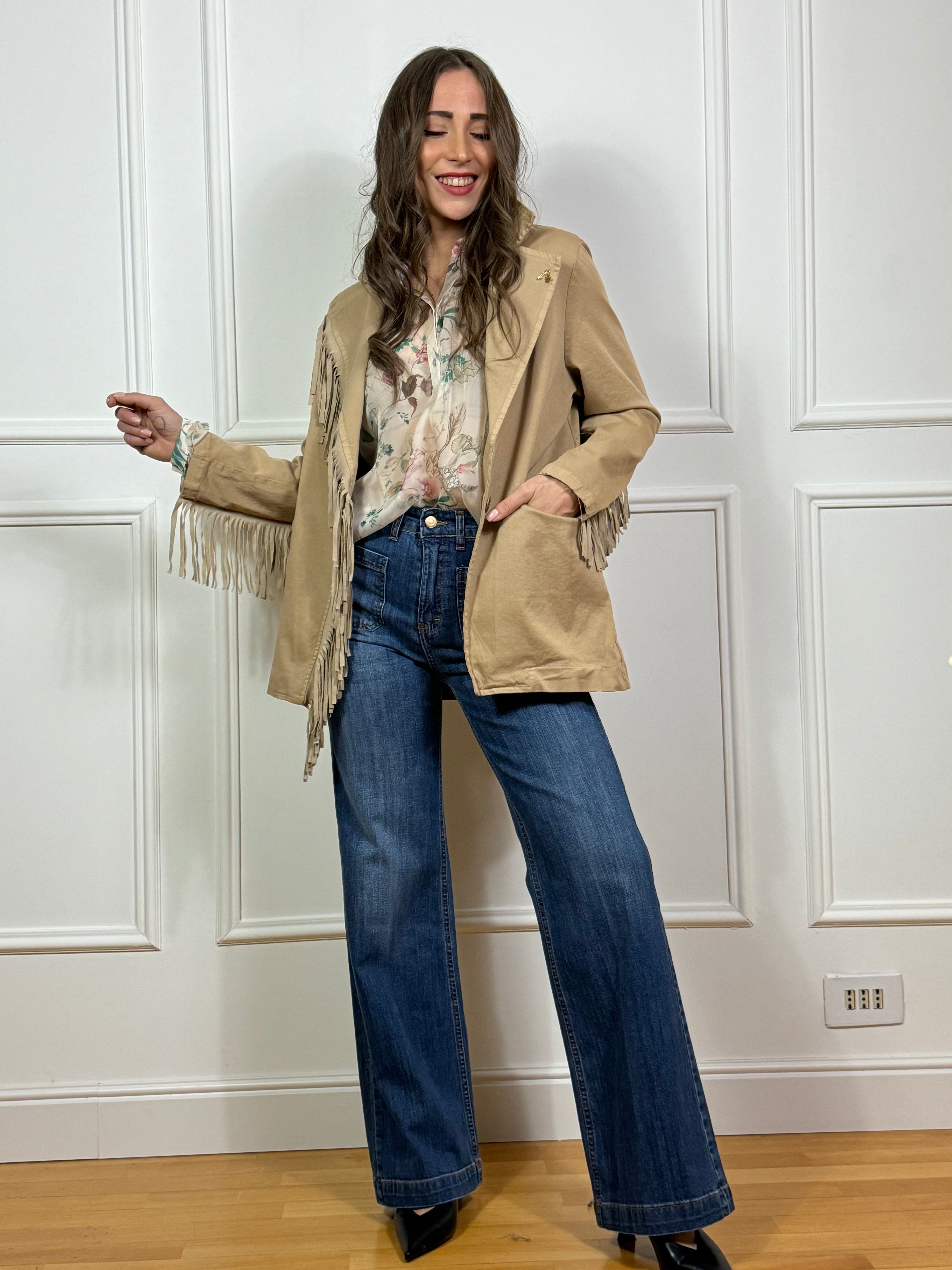 Giacca blazer Susy Mix in cotone con frange BEIGE