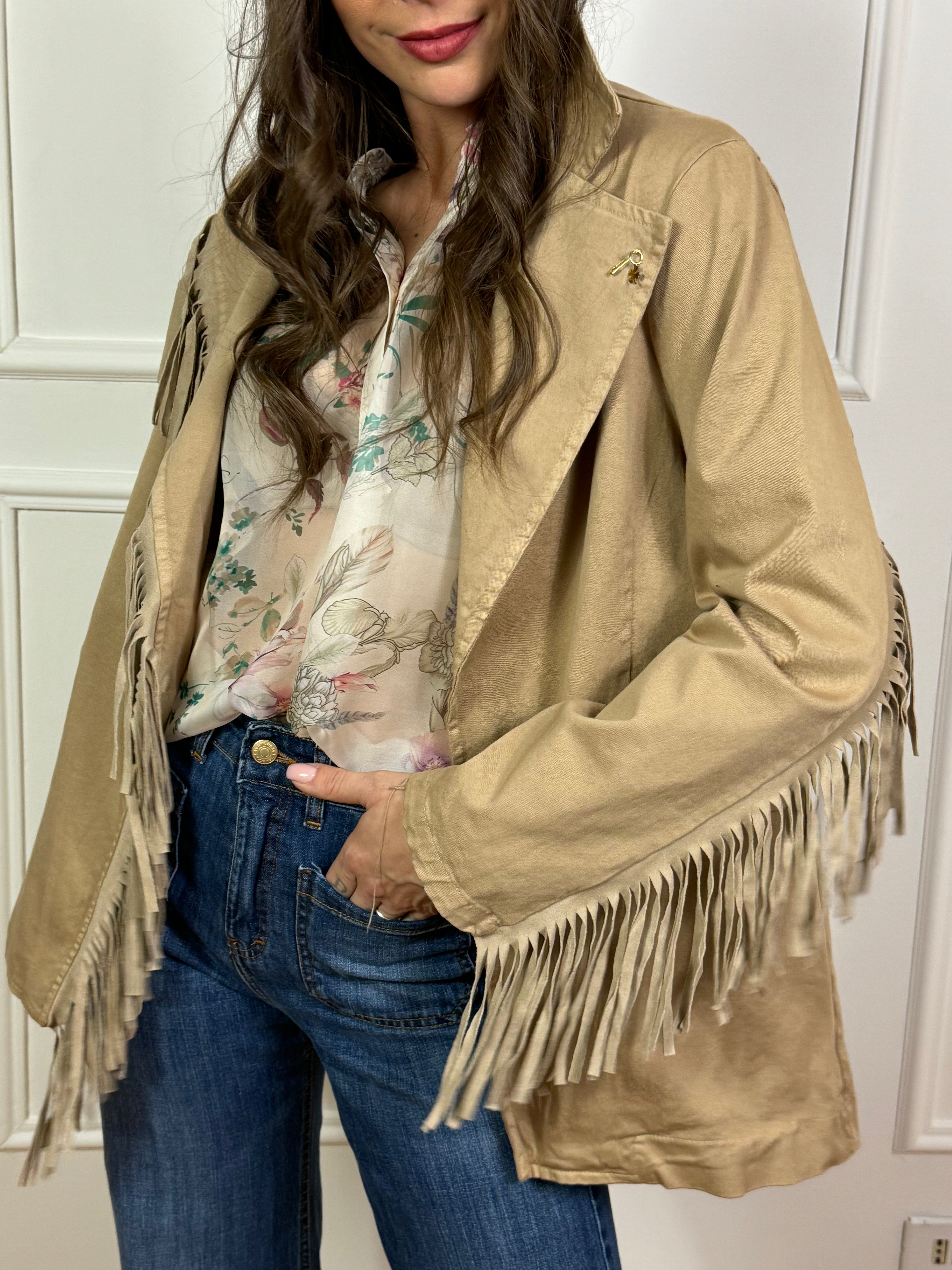 Giacca blazer Susy Mix in cotone con frange BEIGE