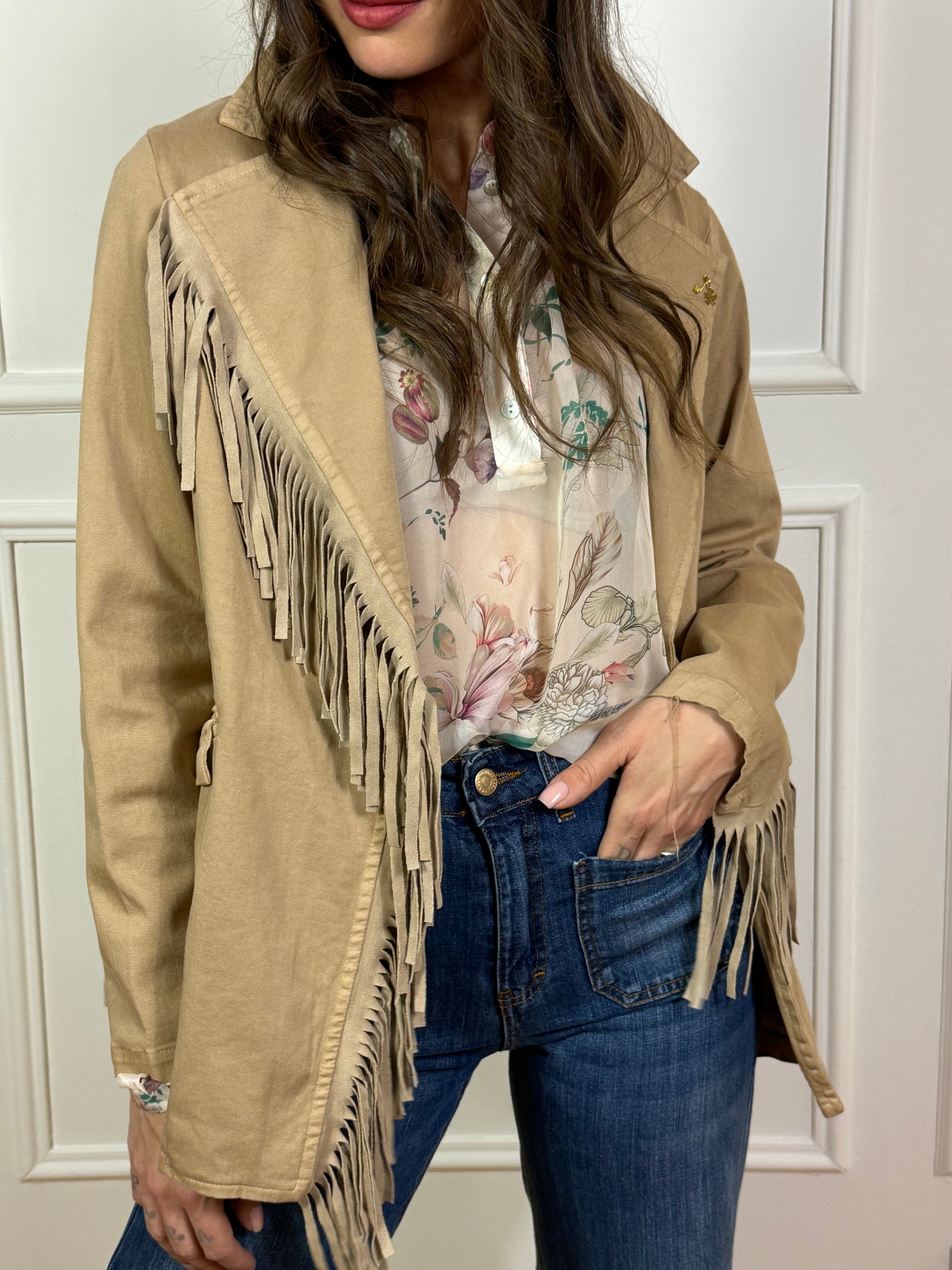 Giacca blazer Susy Mix in cotone con frange BEIGE