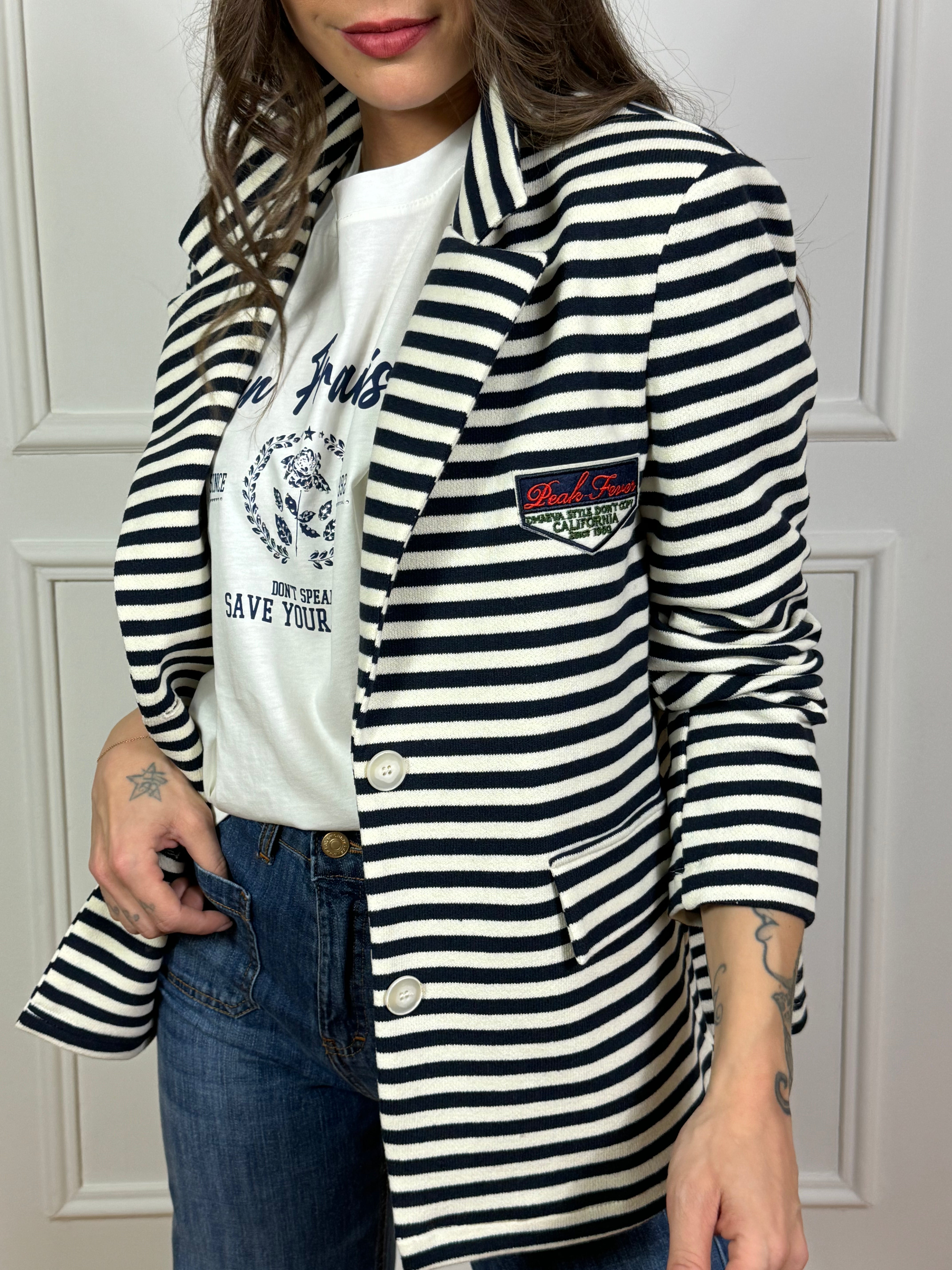 Giacca blazer in felpa garzata Susy Mix a righe con patch