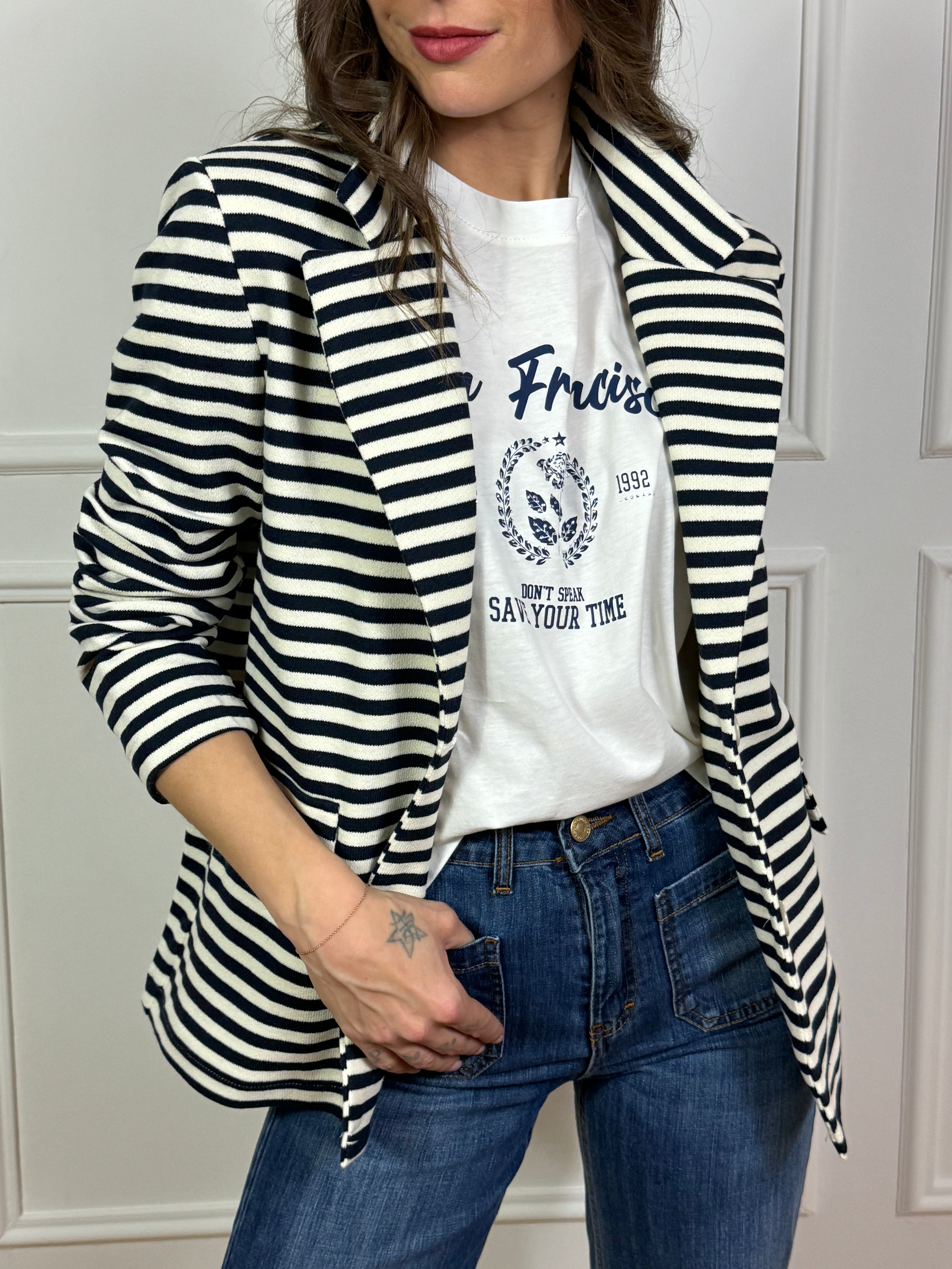 Giacca blazer in felpa garzata Susy Mix a righe con patch