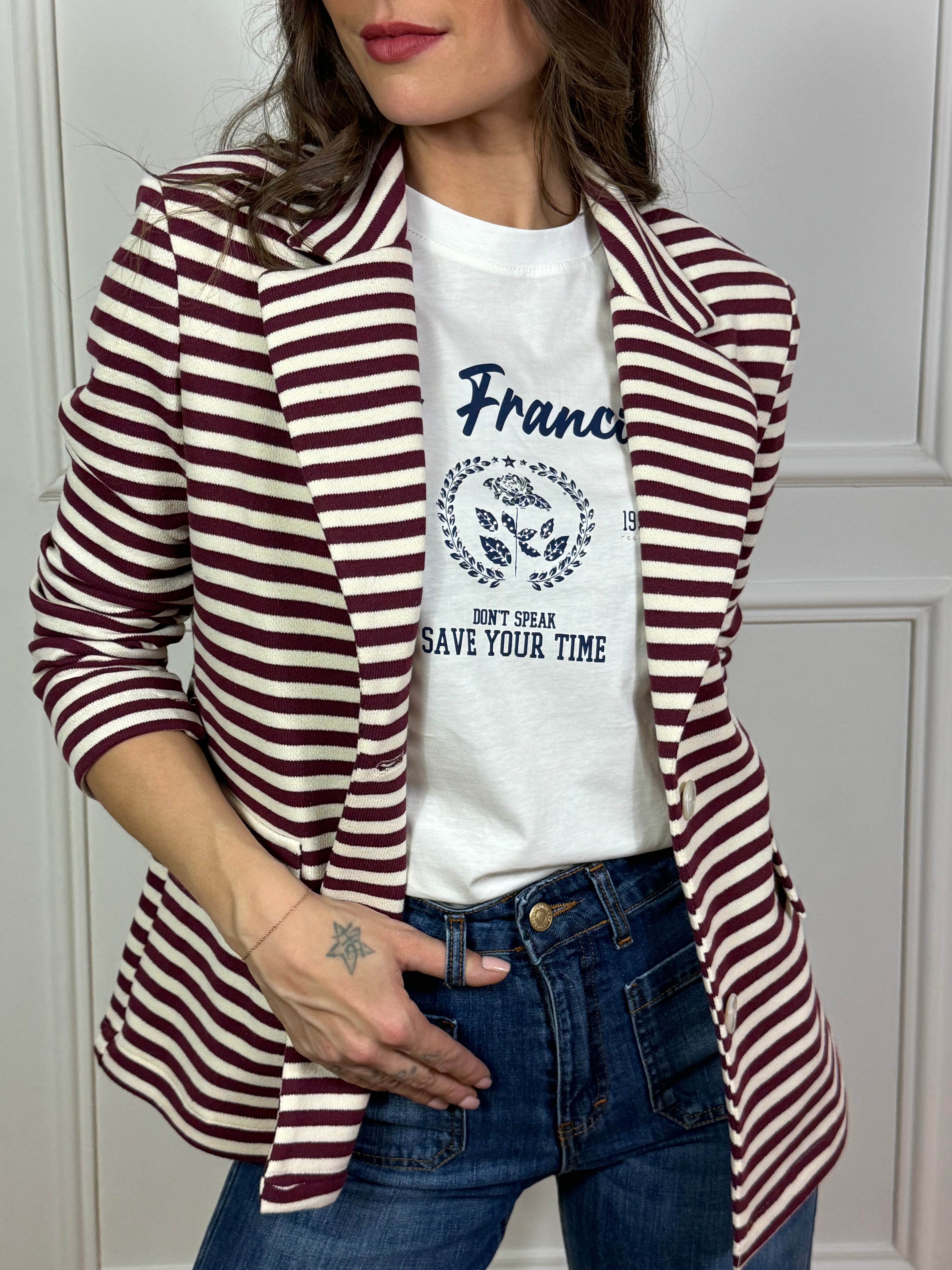 Giacca blazer in felpa garzata Susy Mix a righe con patch