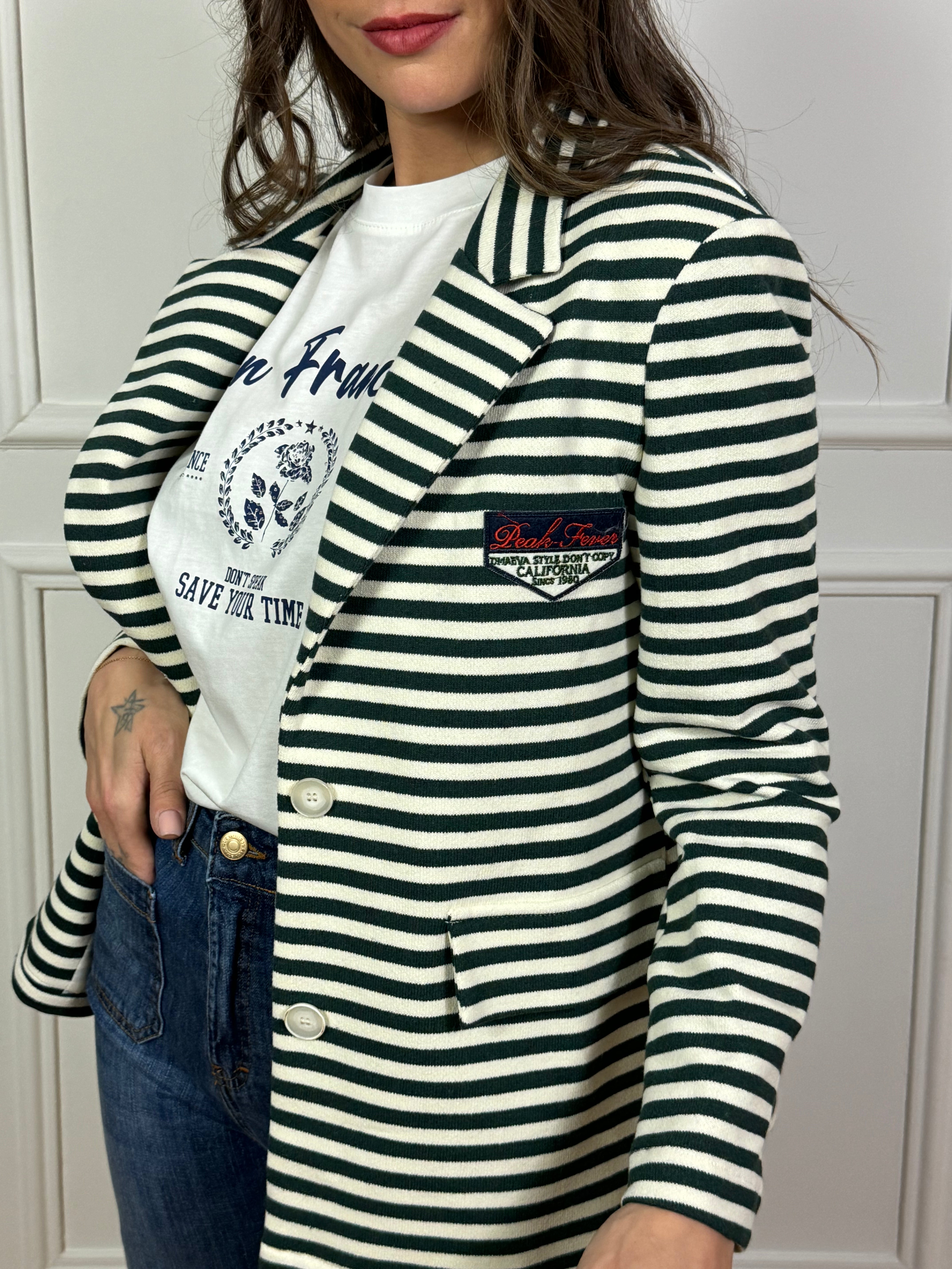 Giacca blazer in felpa garzata Susy Mix a righe con patch