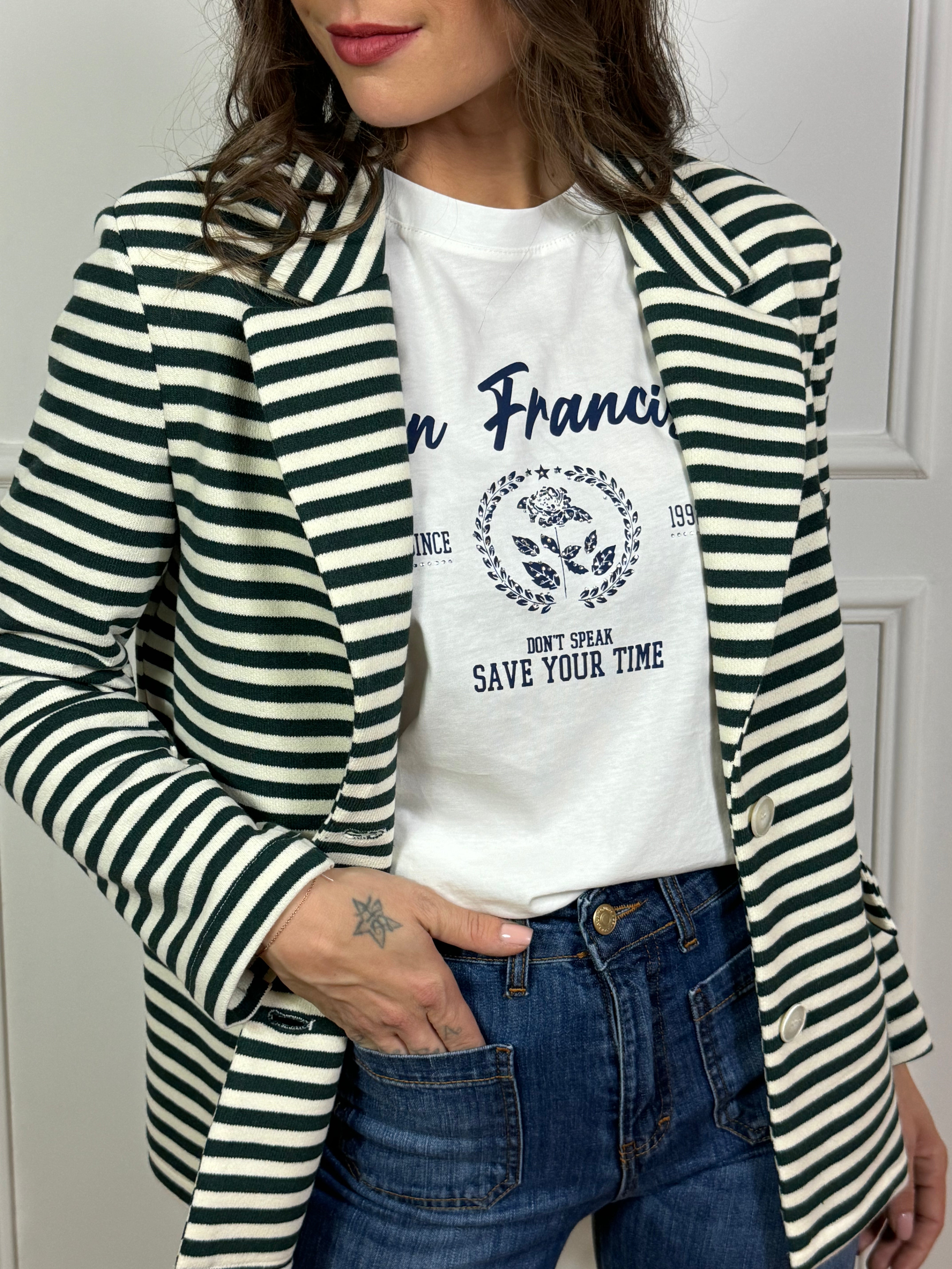 Giacca blazer in felpa garzata Susy Mix a righe con patch