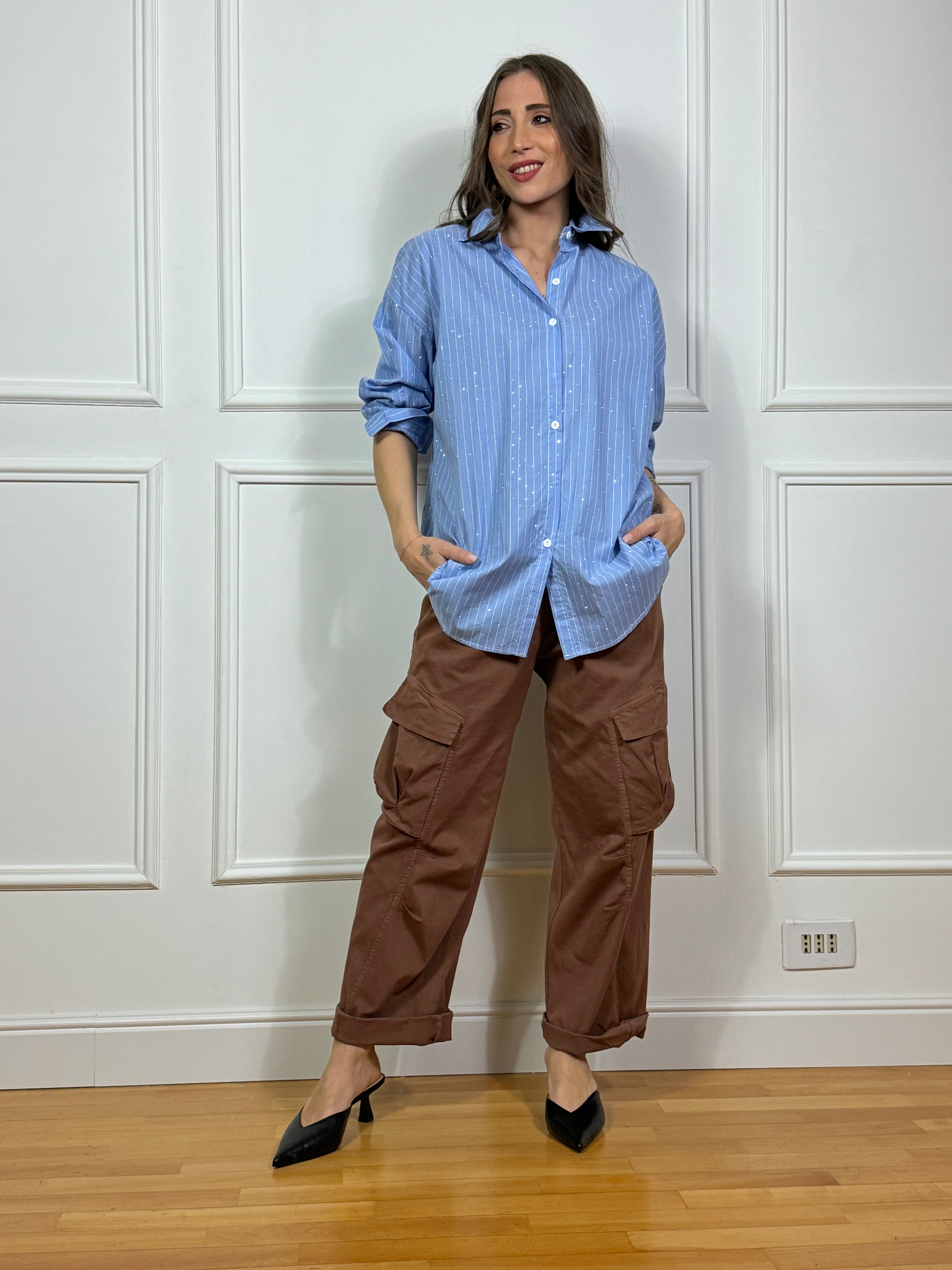 Camicia Susy Mix over gessata con strass