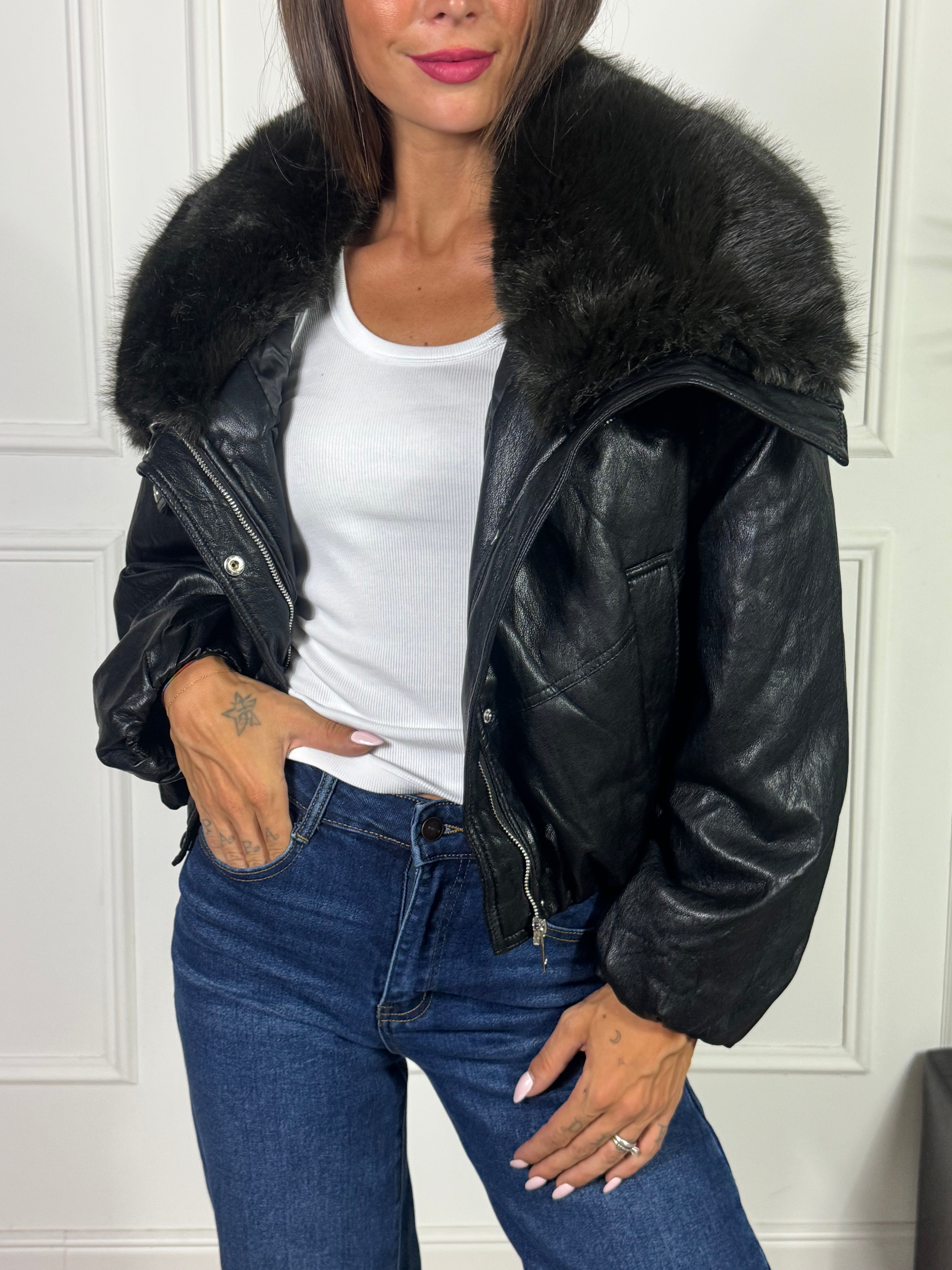 Giubbino bomber ecopelle morbida Susy Mix con collo ECOPELLICCIA
