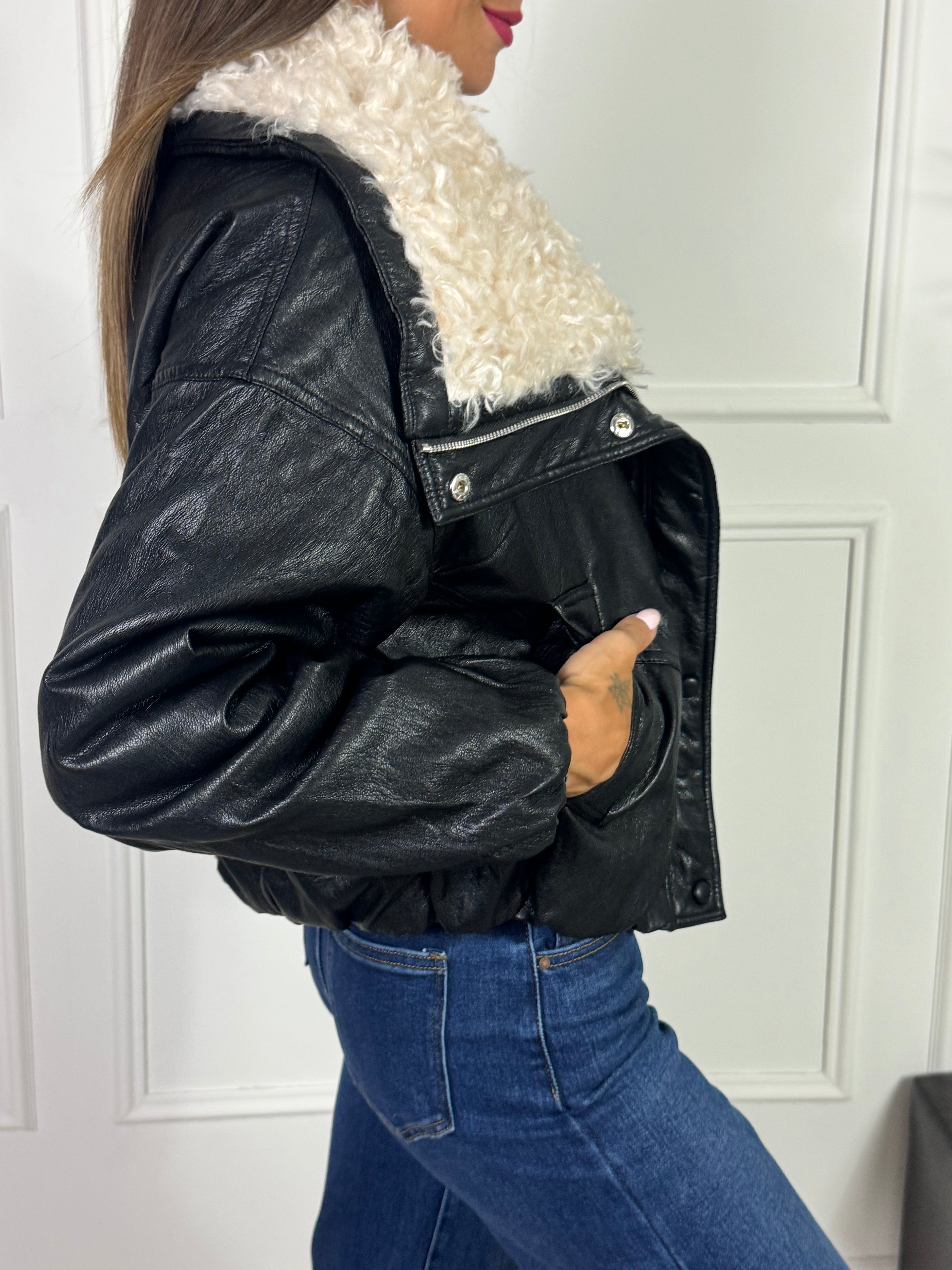 Giubbino bomber ecopelle morbida Susy Mix con COLLO BOUCLE'