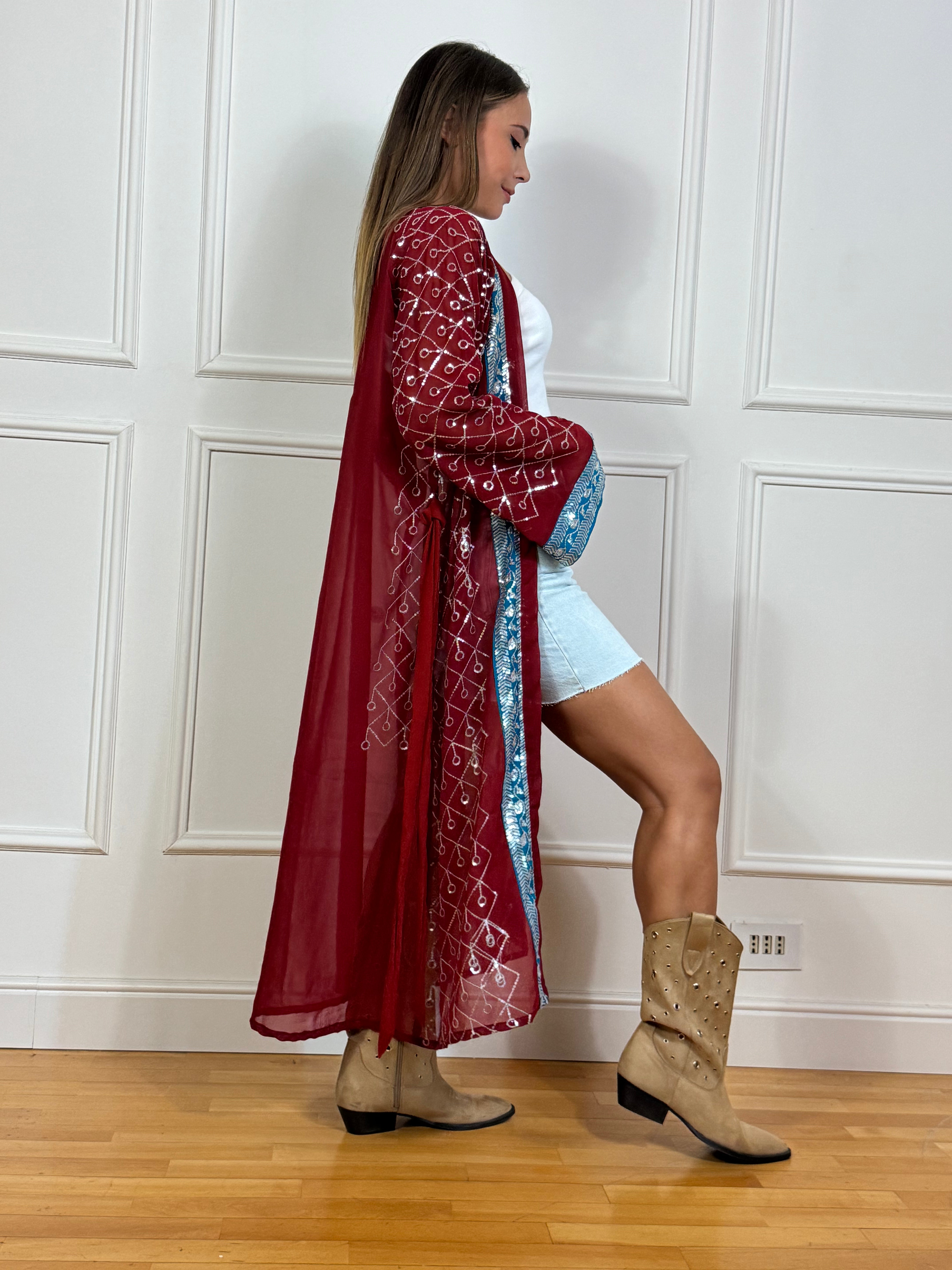 Kimono lungo Kontatto ROSSO BORDI TURCHESE applicazioni paillettes