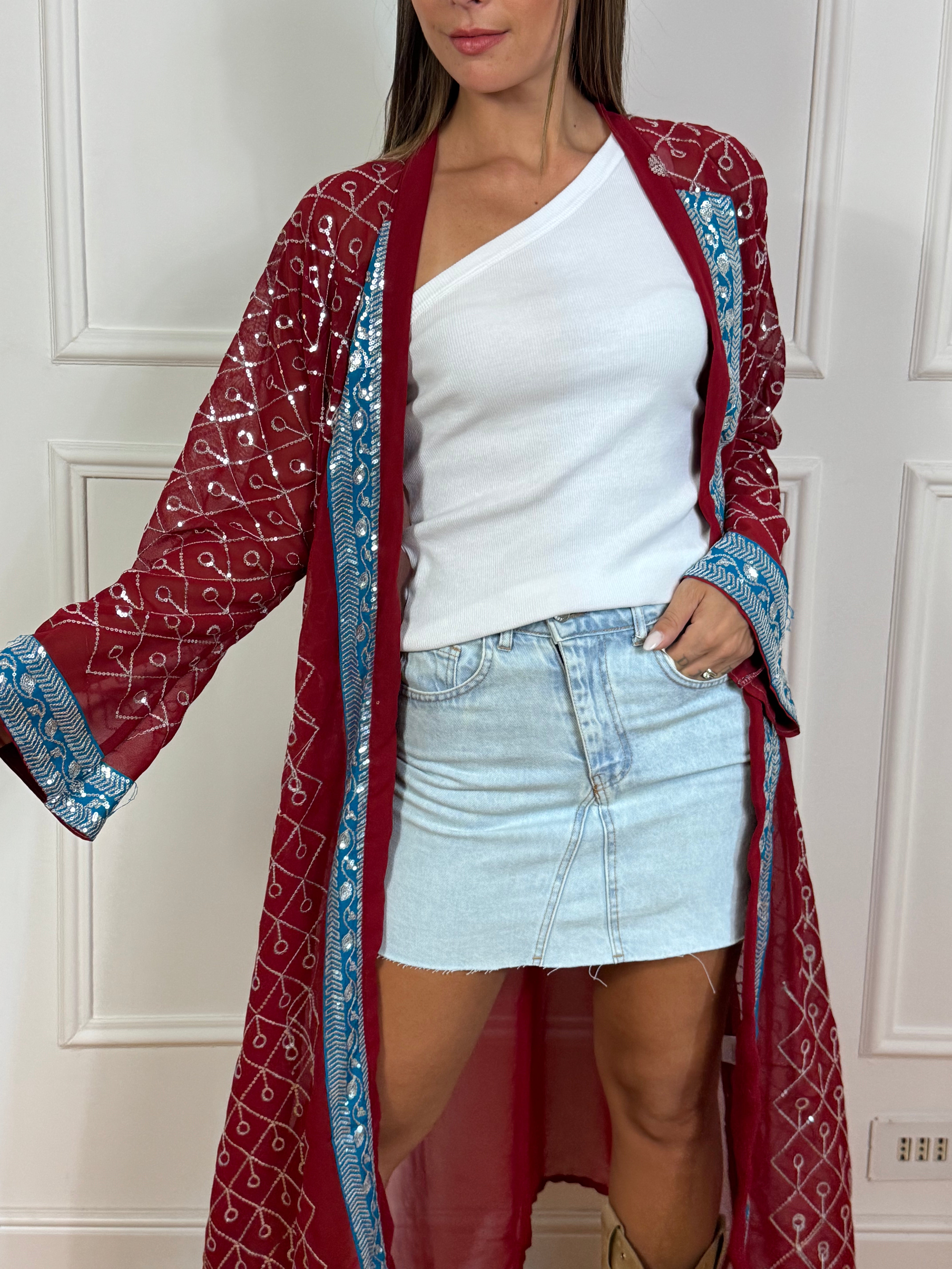 Kimono lungo Kontatto ROSSO BORDI TURCHESE applicazioni paillettes