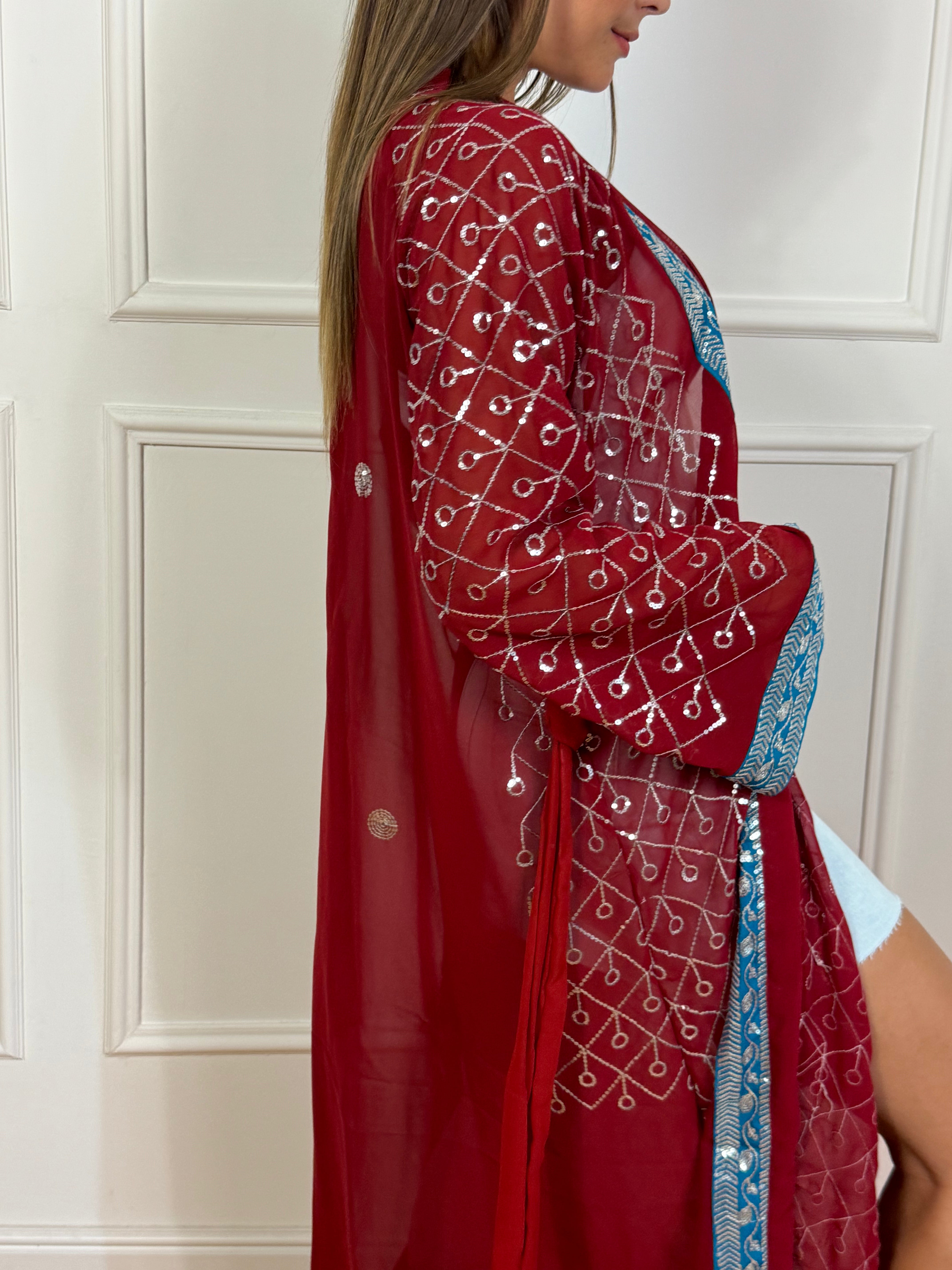 Kimono lungo Kontatto ROSSO BORDI TURCHESE applicazioni paillettes