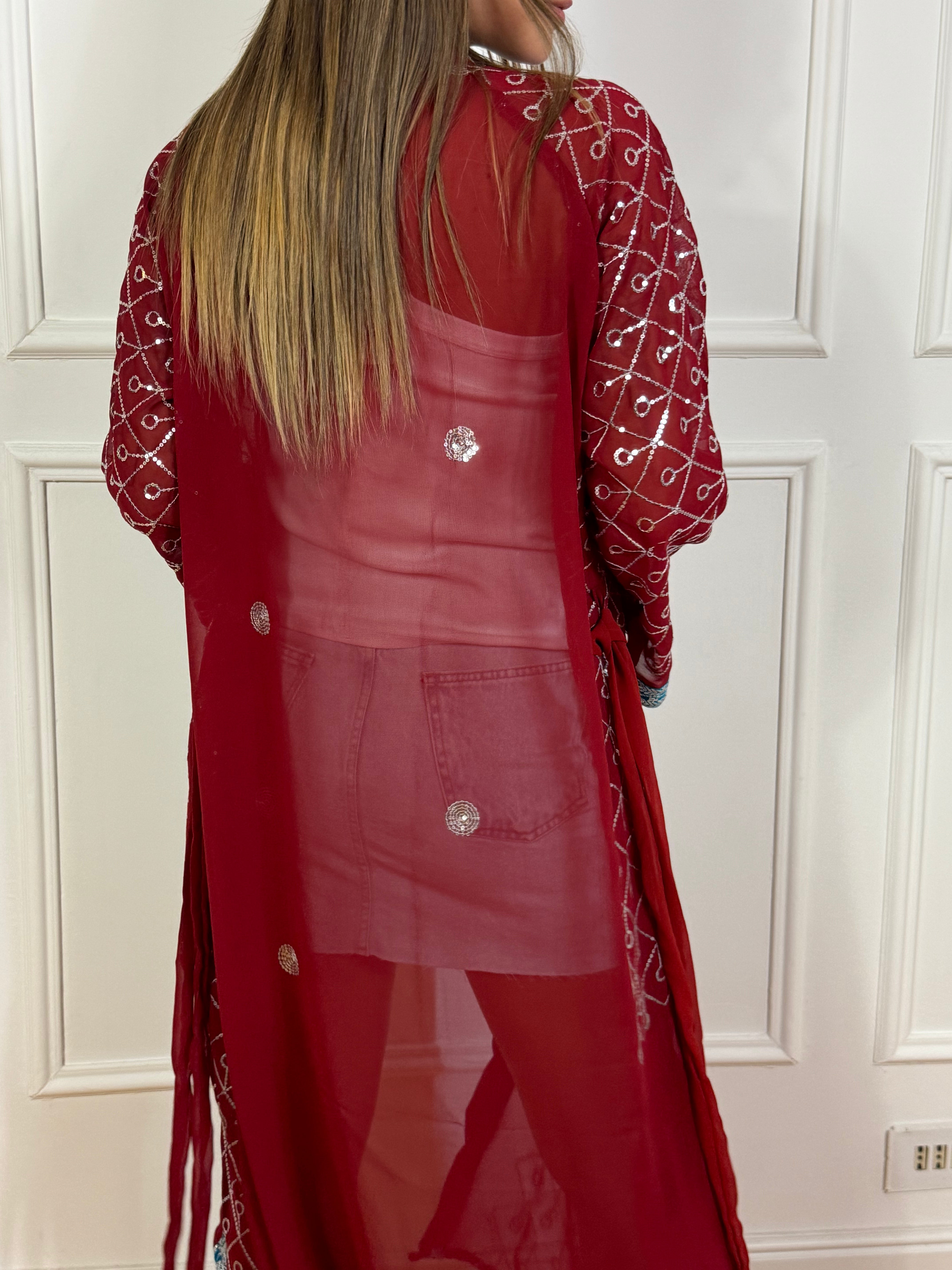 Kimono lungo Kontatto ROSSO BORDI TURCHESE applicazioni paillettes