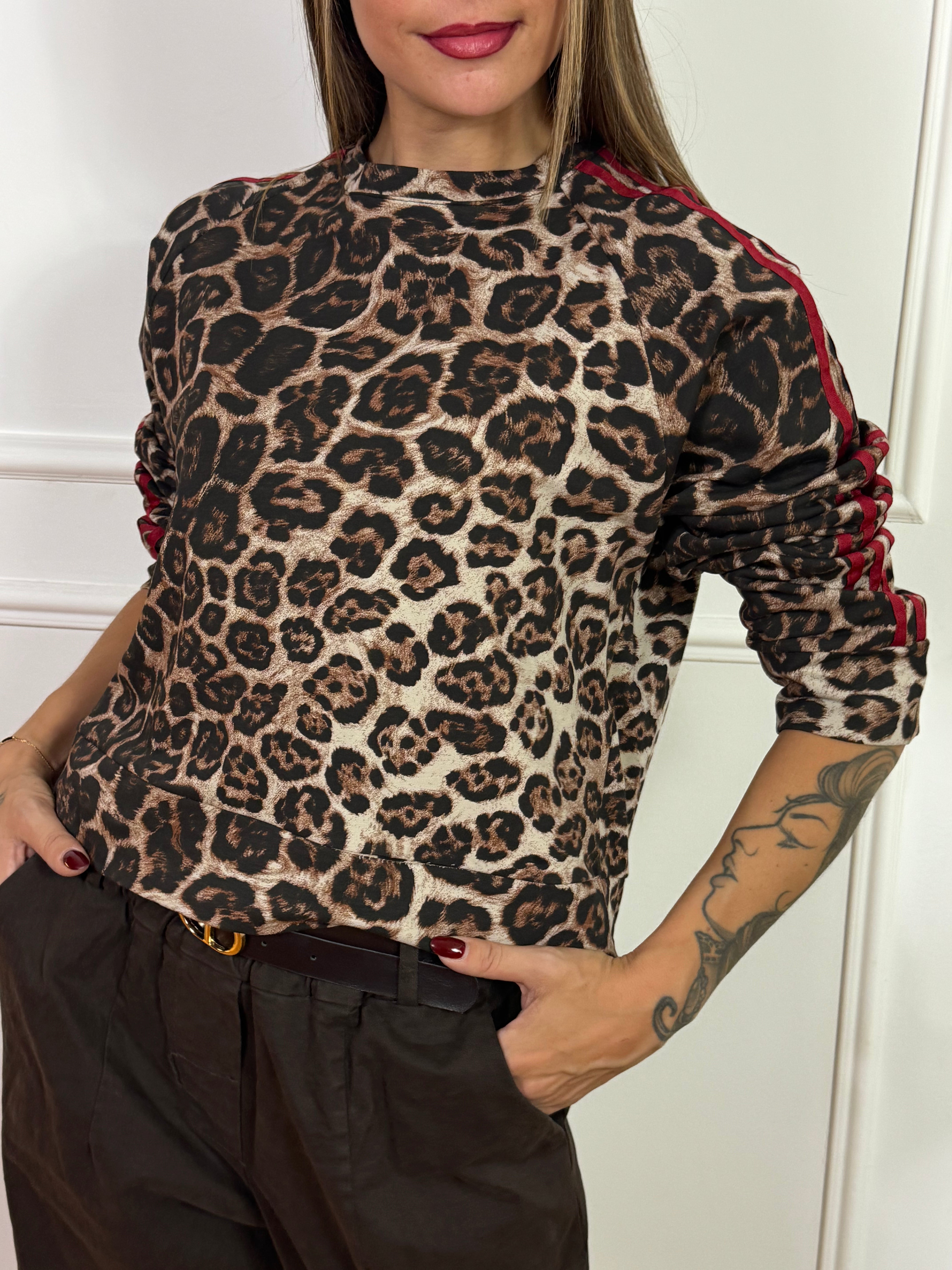 Felpa sottile garzata girocollo Victoria ILMH fantasia leopardata con bande laterali