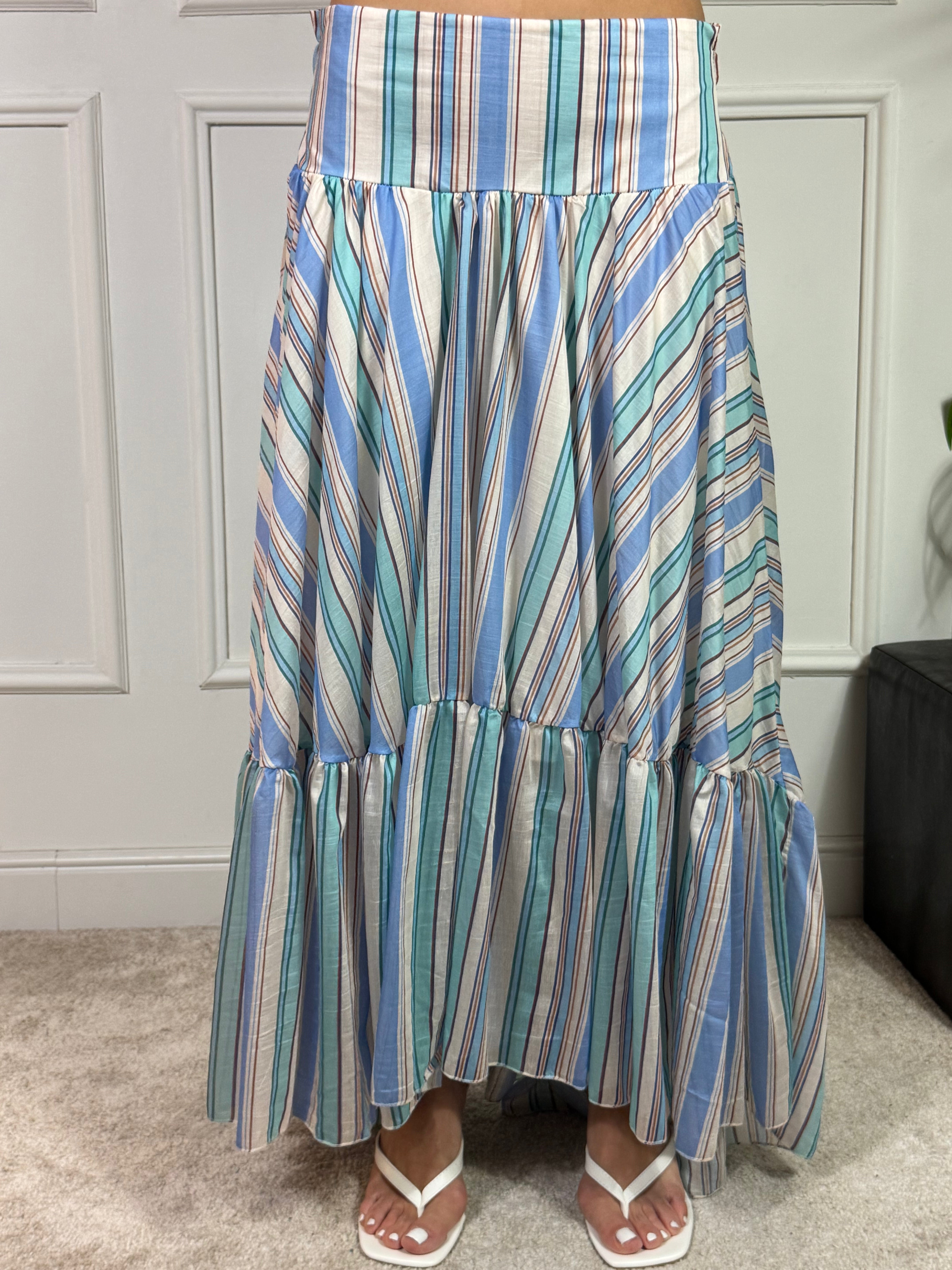 Gonna asimmetrica con balza Victoria ILMH righe azzurro-tiffany-panna