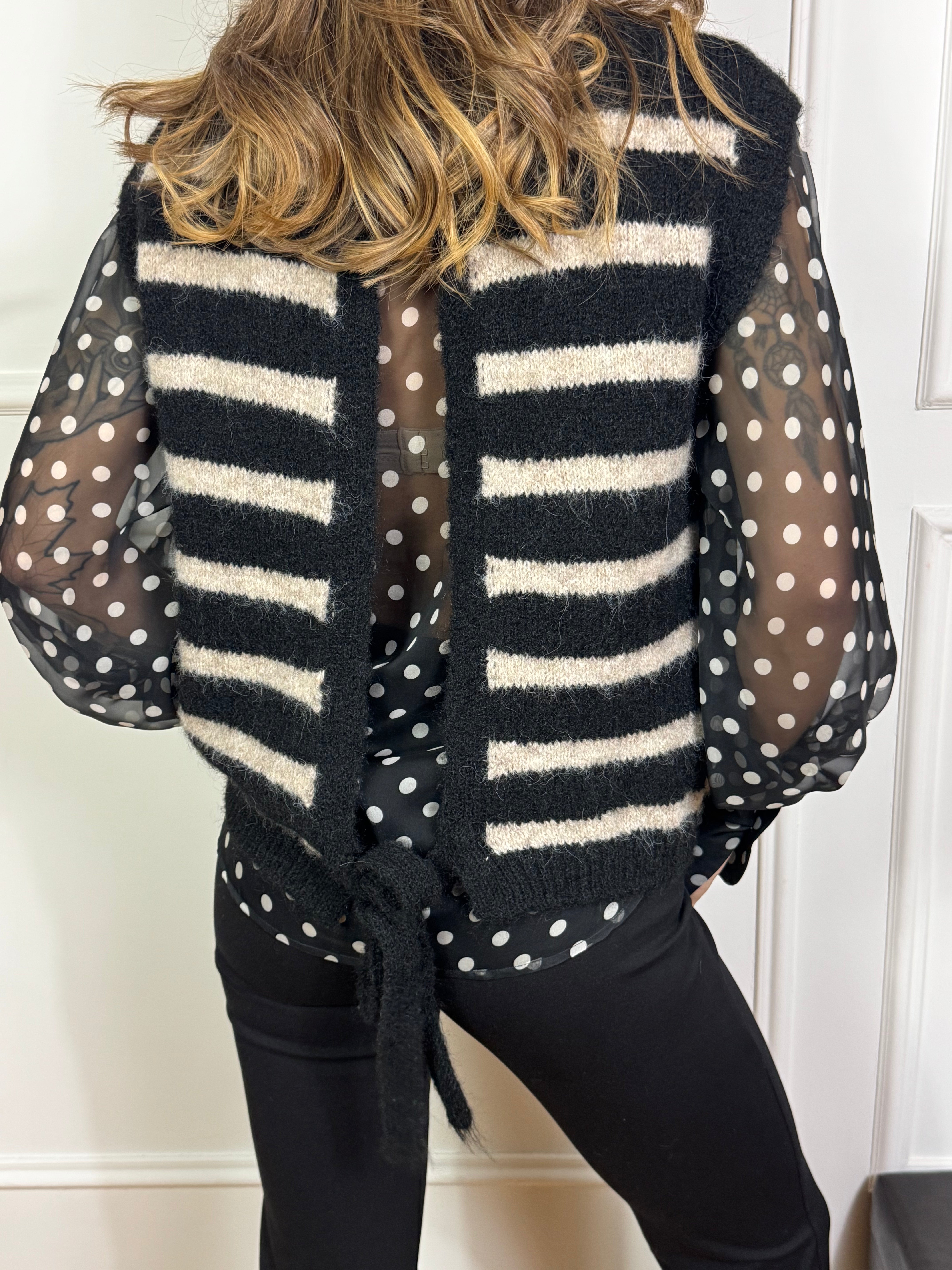 Maglia smanicata misto lana Susy Mix fantasia RIGHE CON FIOCCO DIETRO