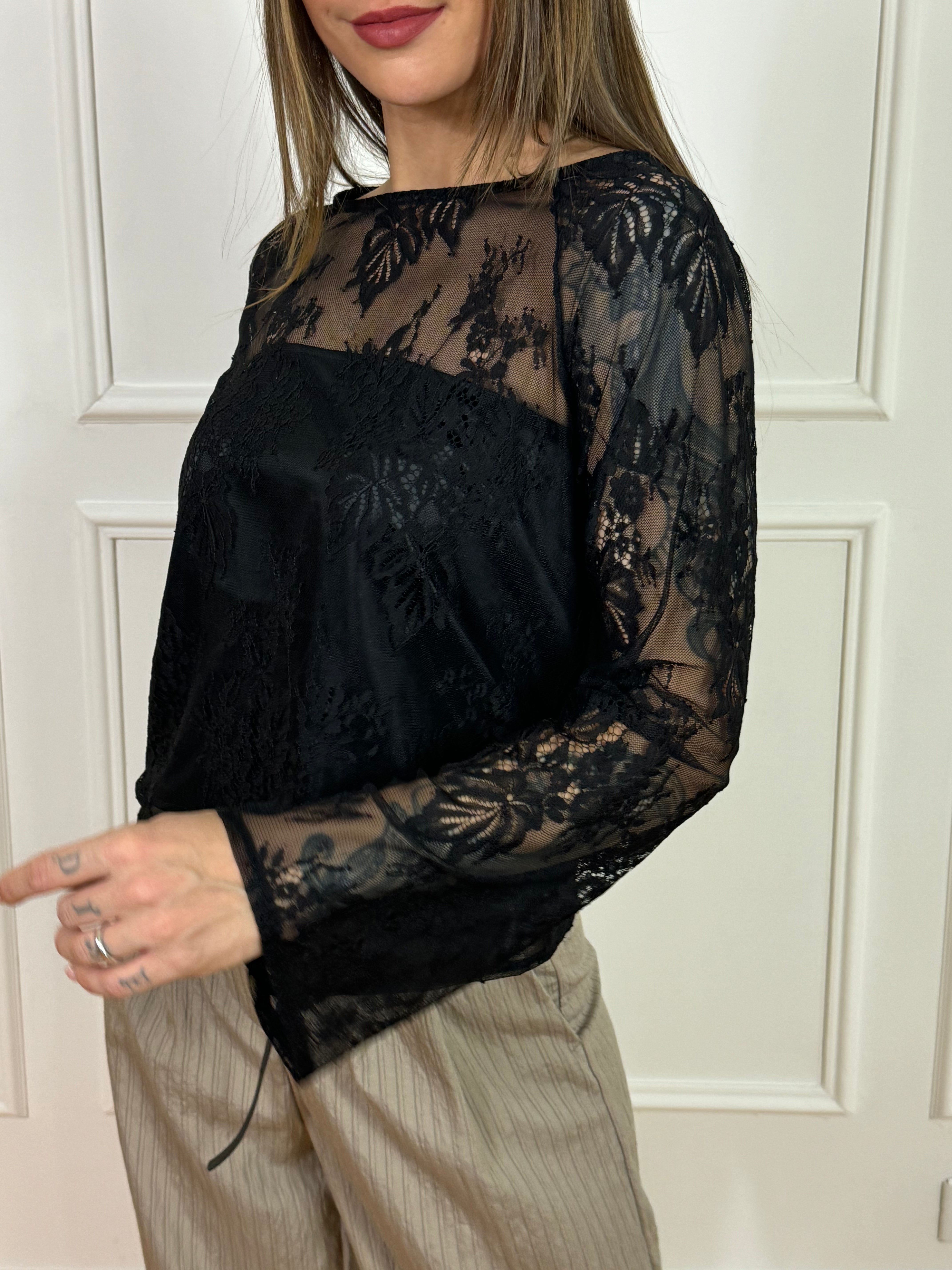 Camicia pizzo Kontatto con top in raso NERO