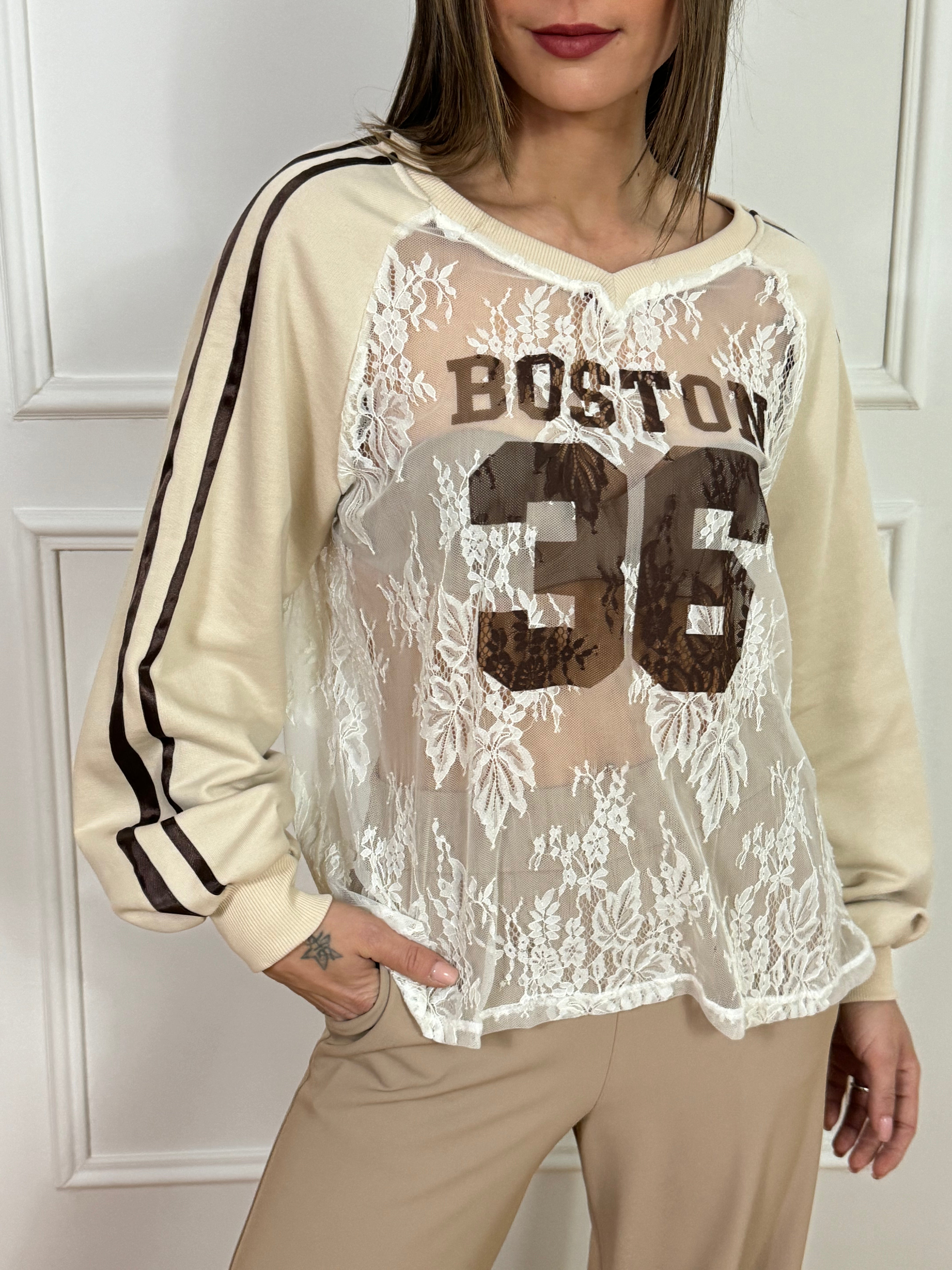 Maglia Kontatto in pizzo con stampa e manica in felpa BOSTON 36