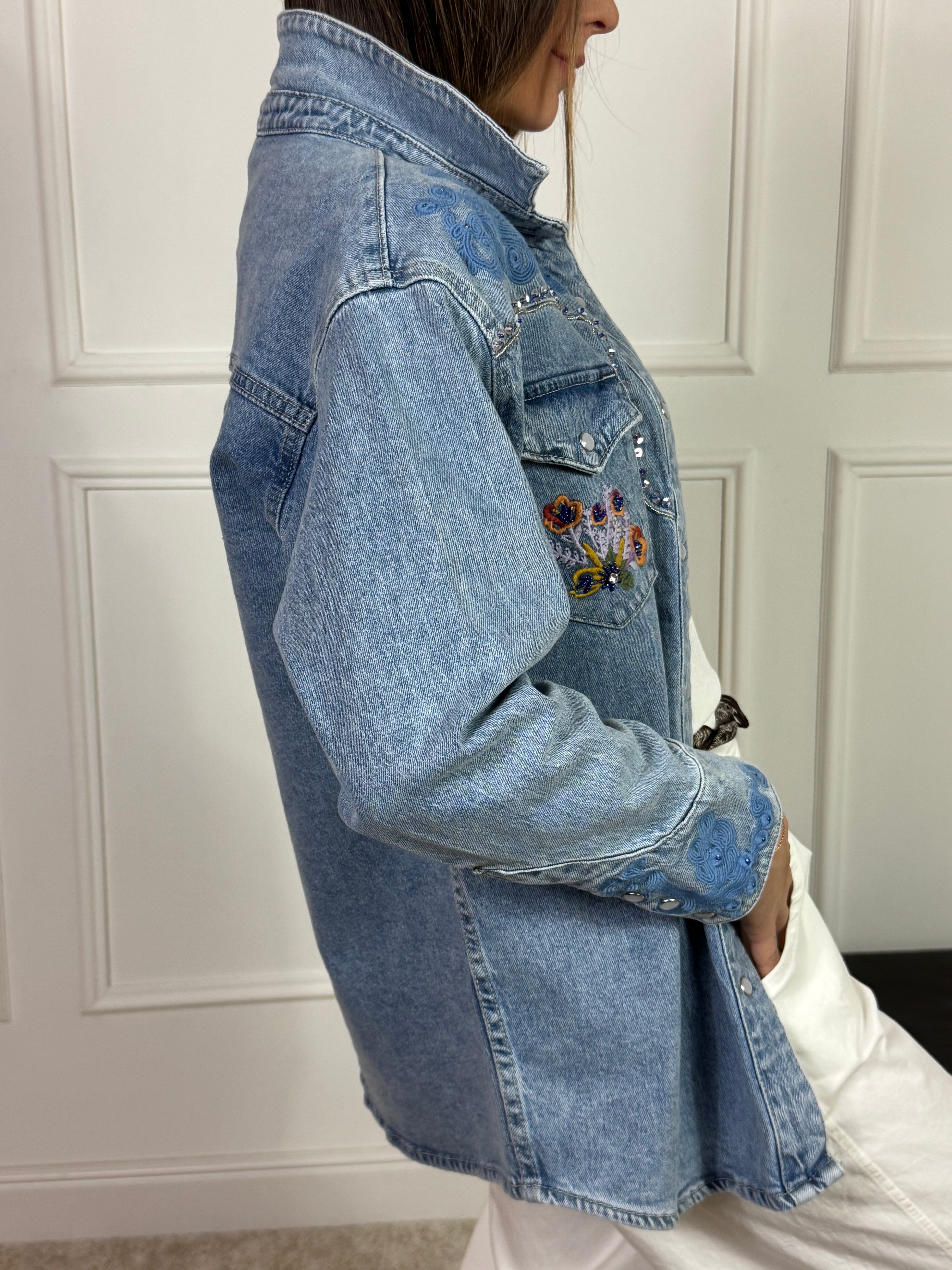 Giacca di jeans AZZURRA DENIM lunga Victoria ILMH RICAMI E PAILLETTES
